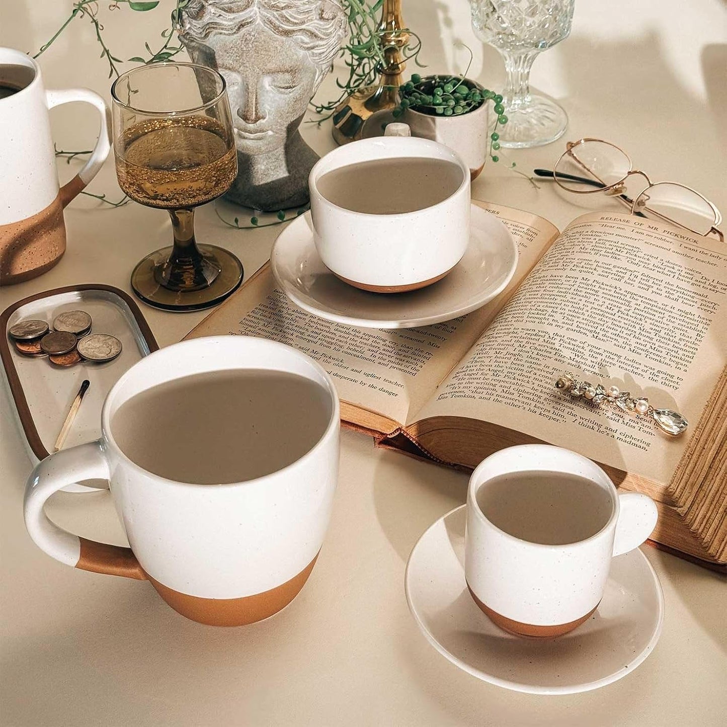 Mora Ceramic Mini Espresso Cups Set of 4, 3oz - Tiny Italian Inspired Mugs With Saucers For Small Shots of Coffee - Modern Boho Style For Any Kitchen or Cafe. Microwave Safe Porcelain - Vanilla White