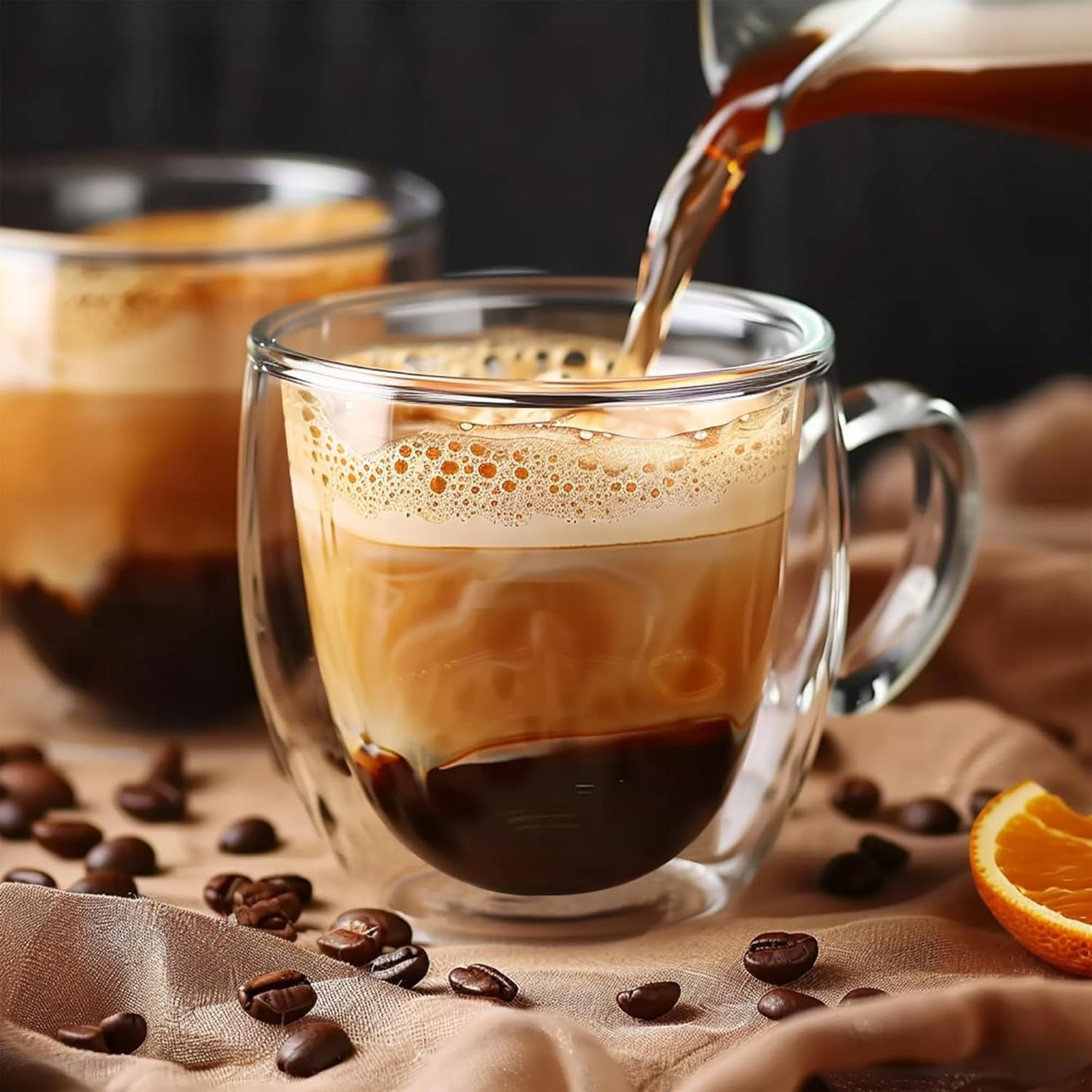 Set of 4 Double Walled Glass Coffee Mugs 8 Ounces Insulated Layer Coffee Cups with Handle Borosilicate Glass Espresso Cup for Hot Beverage,Cappuccino,Tea,Latte,Wine,Microwave Safe