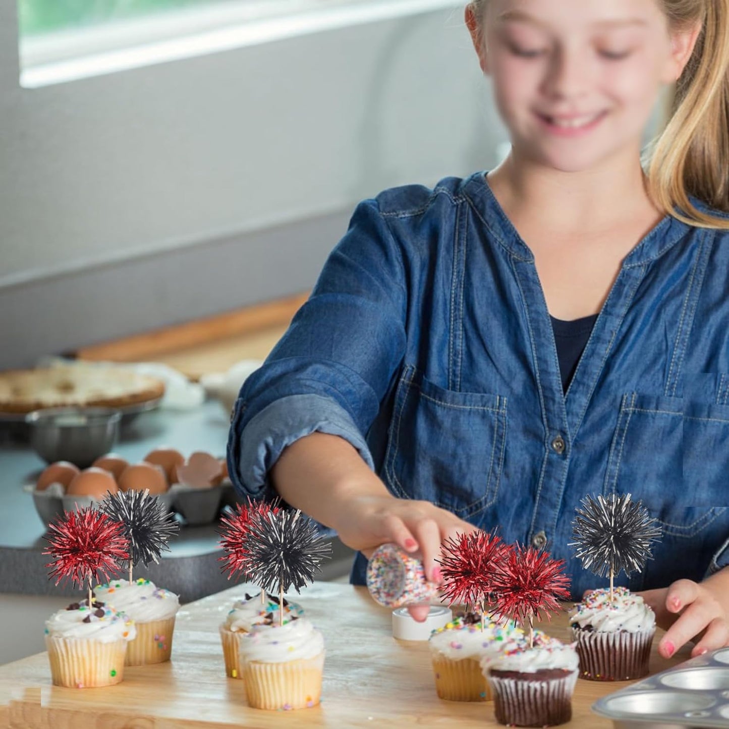 40 PCS Foil Firework Cupcake Toppers Sparkle Tinsel Cupcake Picks Fireworks Birthday Party Decorations Cocktail Fruit Toothpick for Birthday Wedding Graduation Party Decorations Supplies Black Red