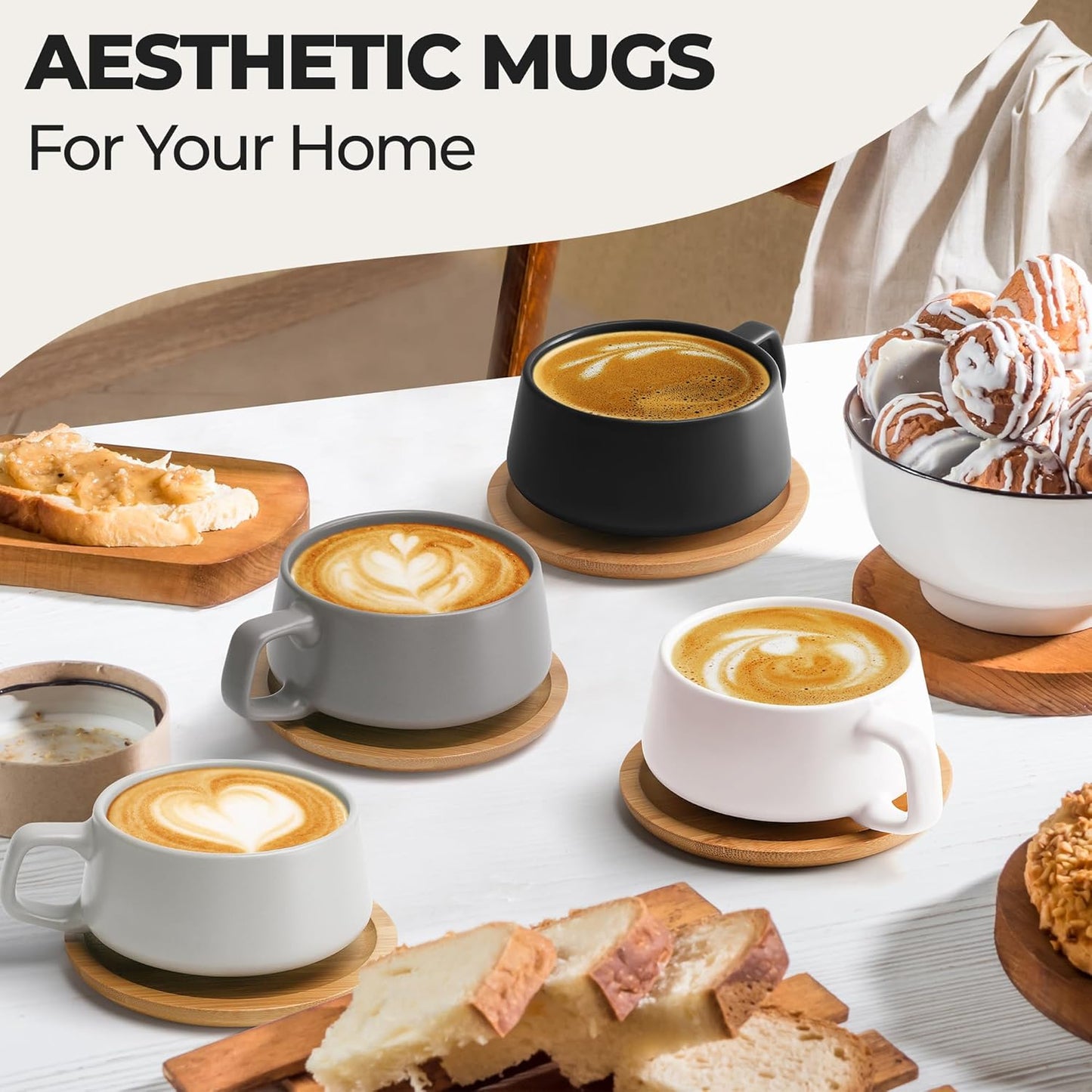 MIAMIO ā 11 Oz., Set of 4 Ceramic Tea Cup and Saucer Bamboo/Tea Mug - Wide Cappuccino Cup, Coffee Cups Ceramic Mug for Cappuccino, Latte, Espresso & Americano - Luxe Collection (Classic Pastel)