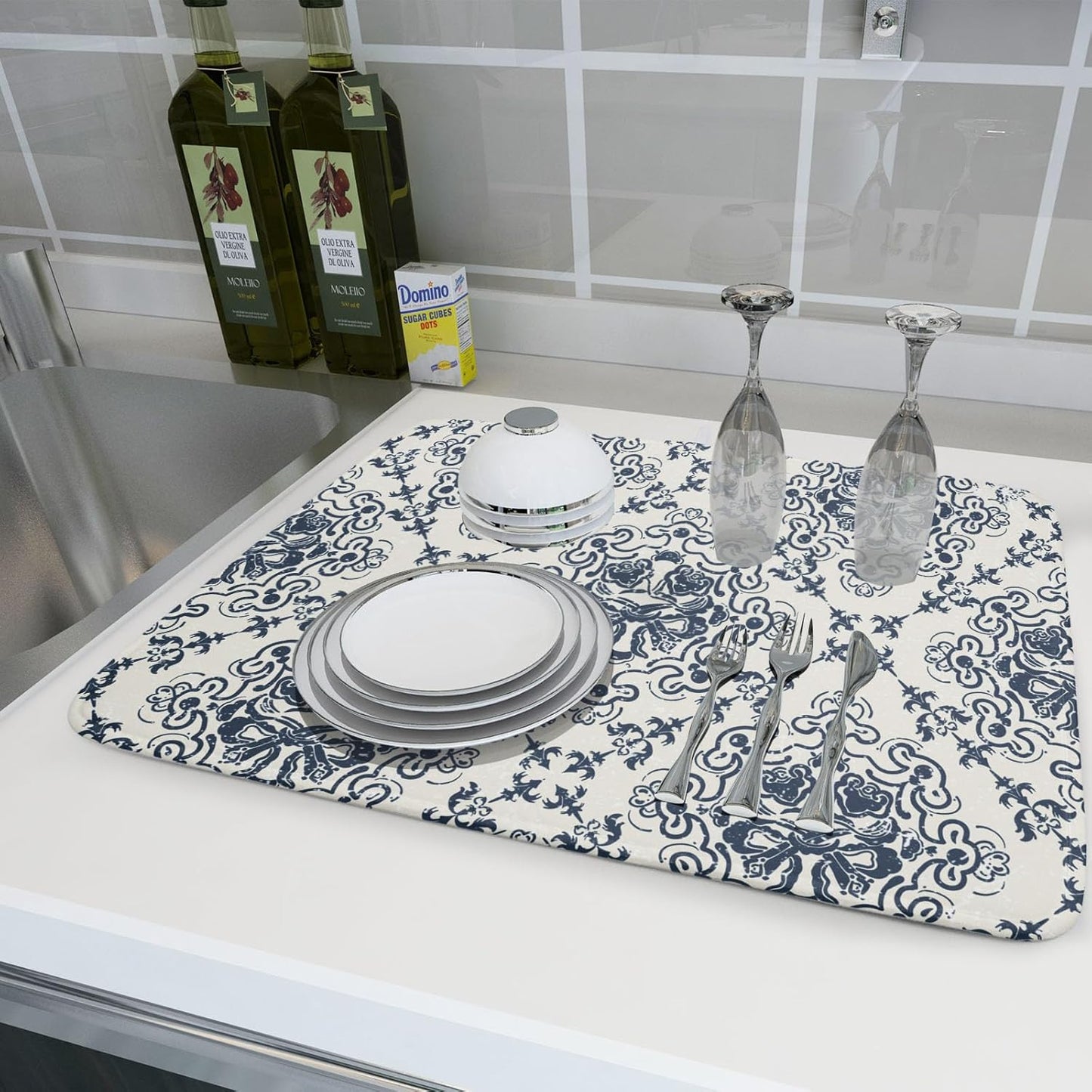 Bohemian Grey Retro Dish Drying Mat for Kitchen Counter,Boho Abstract Flower Art Drying Mat 18 x 24 Inch Microfiber Dish Drying Pad Dish Rack Pad Drainer Mat for Coffee Bar