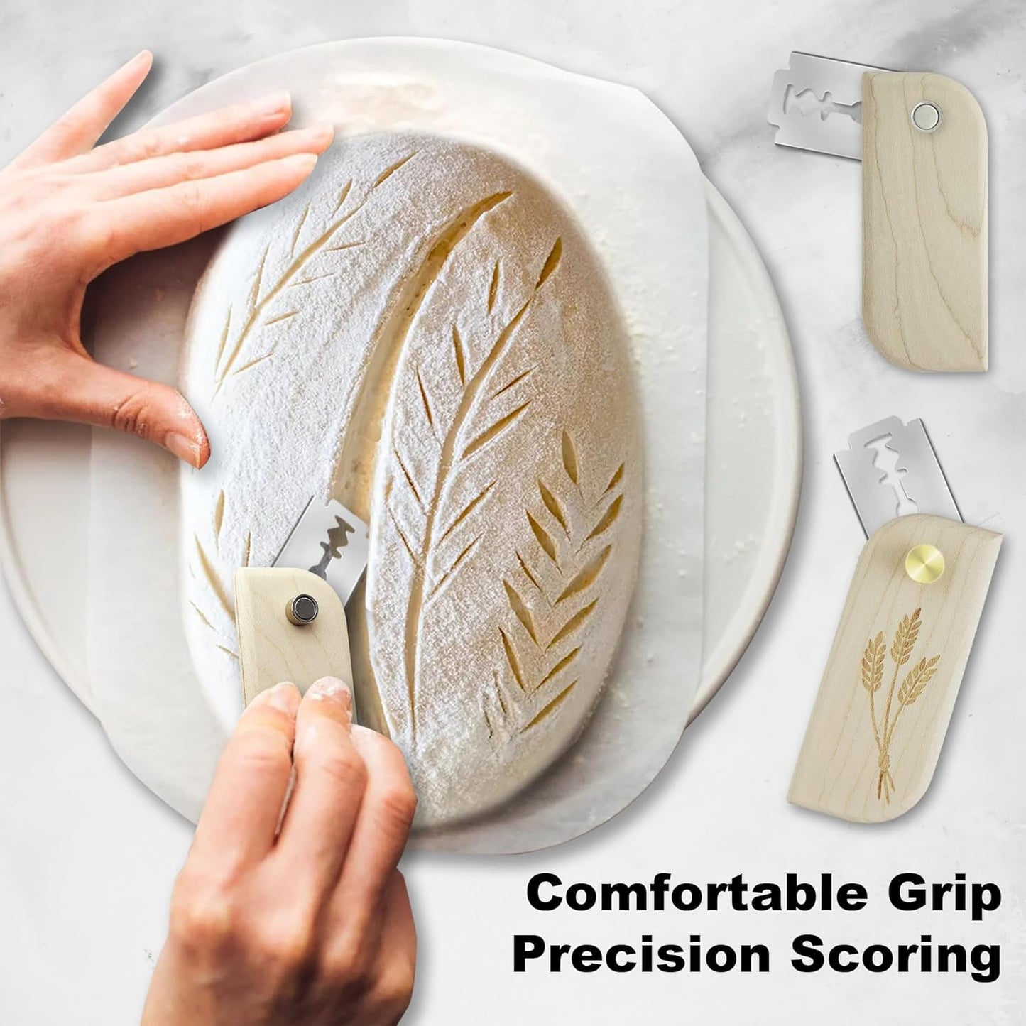 Magnetic Bread Lame Sourdough Scoring Tool Easy Scoring Knife for Bread Baking Scorer Cutter for Homemade Slashing with 10 Razor Blades - Storage Bag Included - Ergonomic Handle - Maple