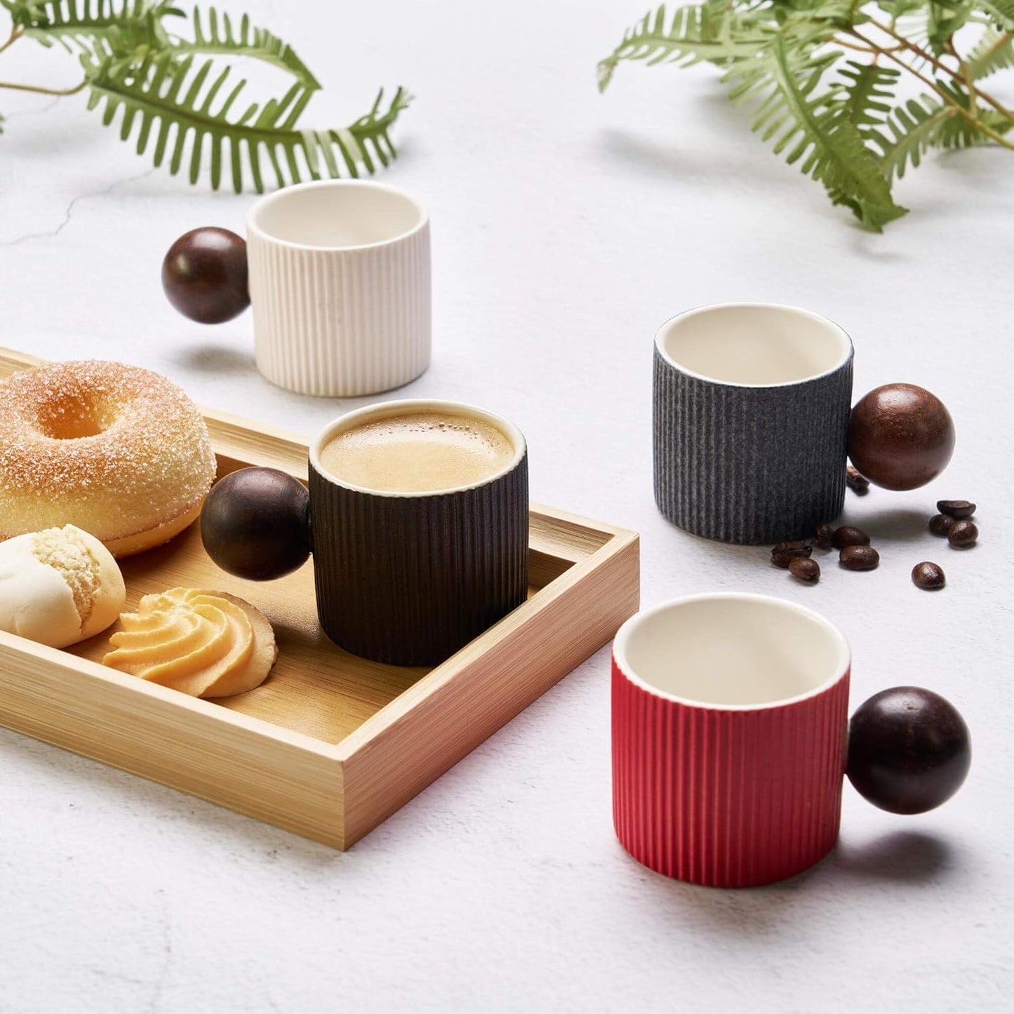 Ceramic Mini Espresso Cups Demitasse Cups with Round Wooden Handle Vertical Stripes Tea Cups (white, 4pcs)