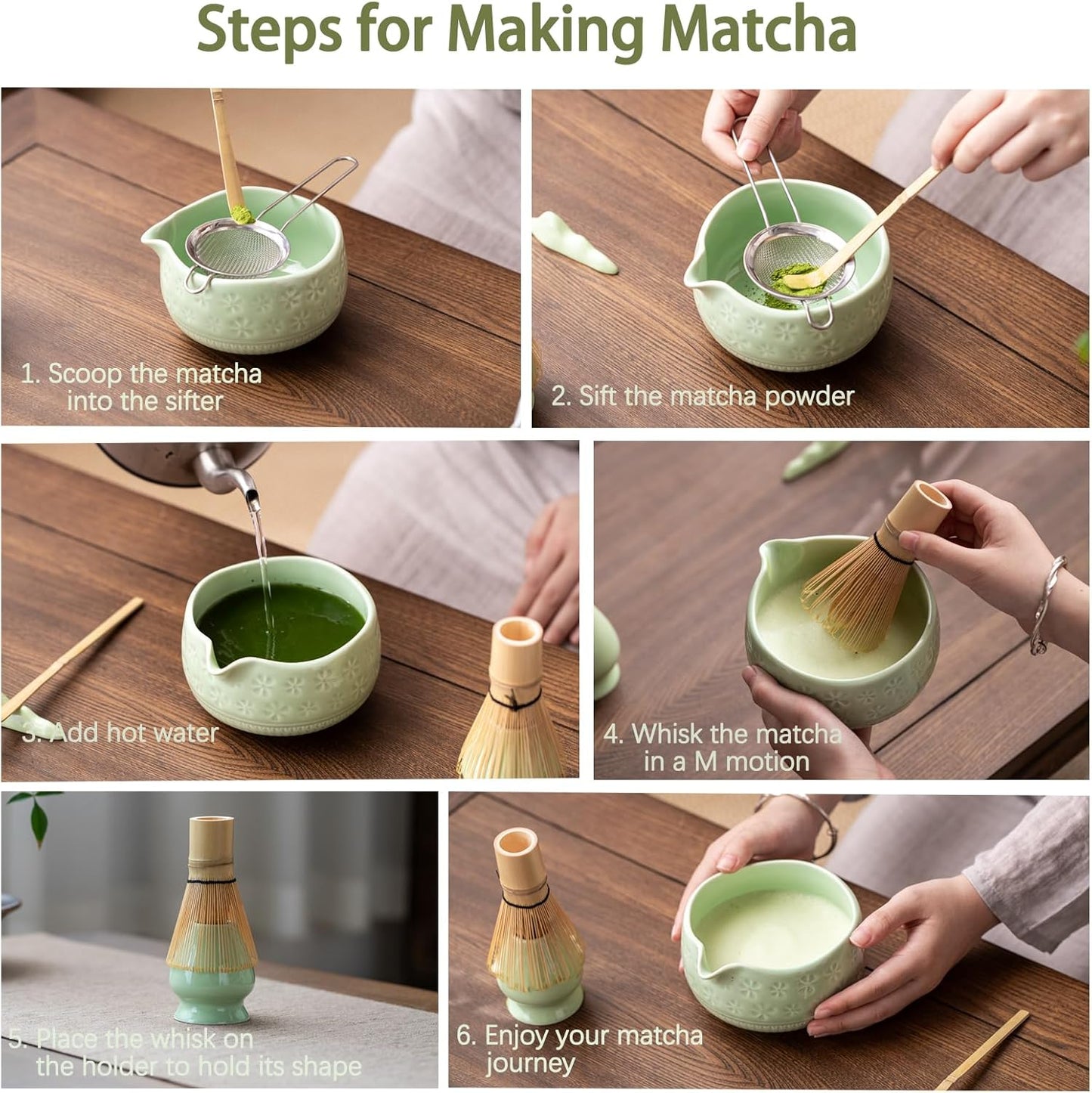 Matcha Whisk Set, Ceramic Matcha Set Includes Matcha Bowl, Matcha Whisk and Holder, Bamboo Scoop, Scoop Rest, Sifter and Tea Towel - 7 Pcs Matcha Kit for Matcha Lovers (Green)