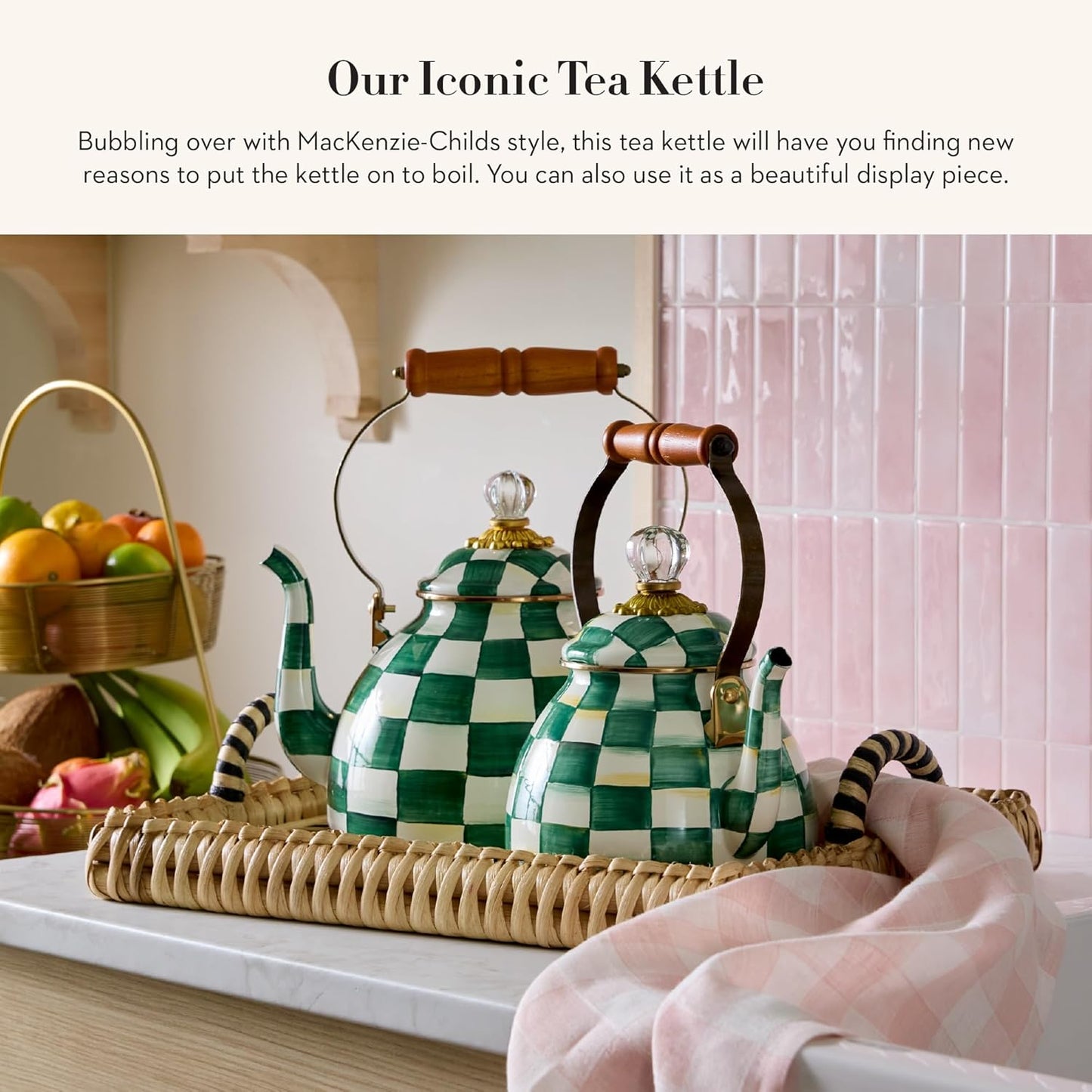 MACKENZIE-CHILDS Enamel Tea Kettle, Stylish Tea Kettle for Stovetop, Green-and-White Emerald Check, 3 Quarts