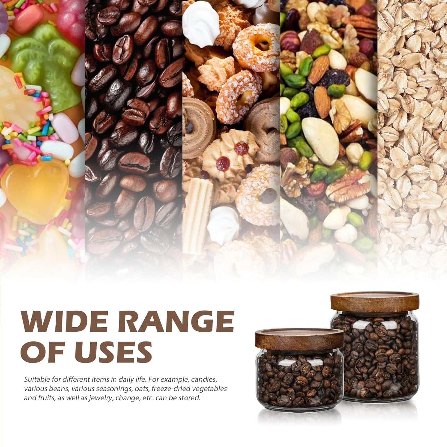 1 PC Small Glass Storage Jars with Airtight Lids, 11 fl oz (300ml) coffee container with Wooden Lid, Glass Pantry Canister for Beans, Rice, Sugar and etc