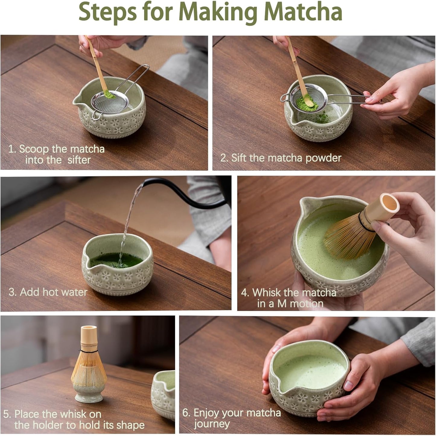 Matcha Whisk Set, Ceramic Matcha Set Includes Matcha Bowl, Matcha Whisk and Holder, Bamboo Scoop, Scoop Rest, Sifter and Tea Towel - 7 Pcs Matcha Kit for Matcha Lovers (Mottled Green)