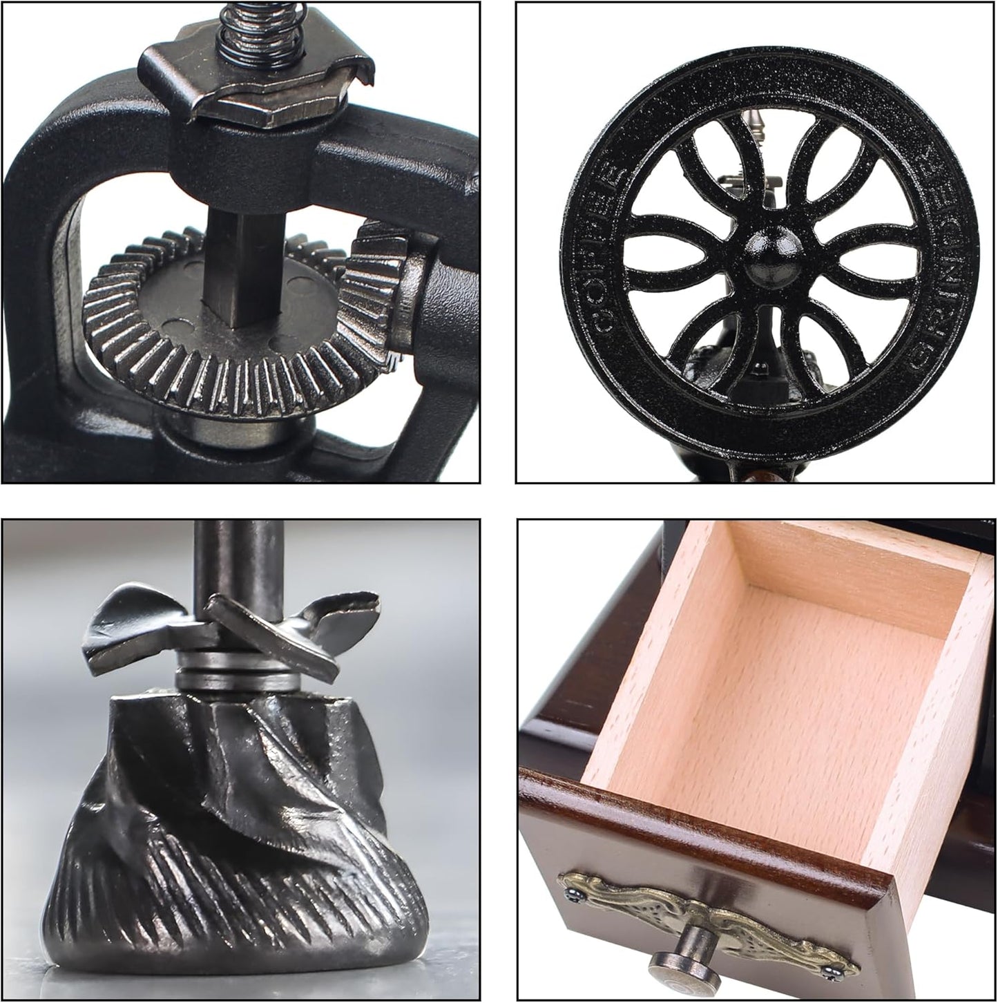 Vintage Manual Coffee Grinder with Cast Iron Wheel, Wood Handle, Carbon Steel Grinding Core, Black and Brown, 10.63x5.71 Inch