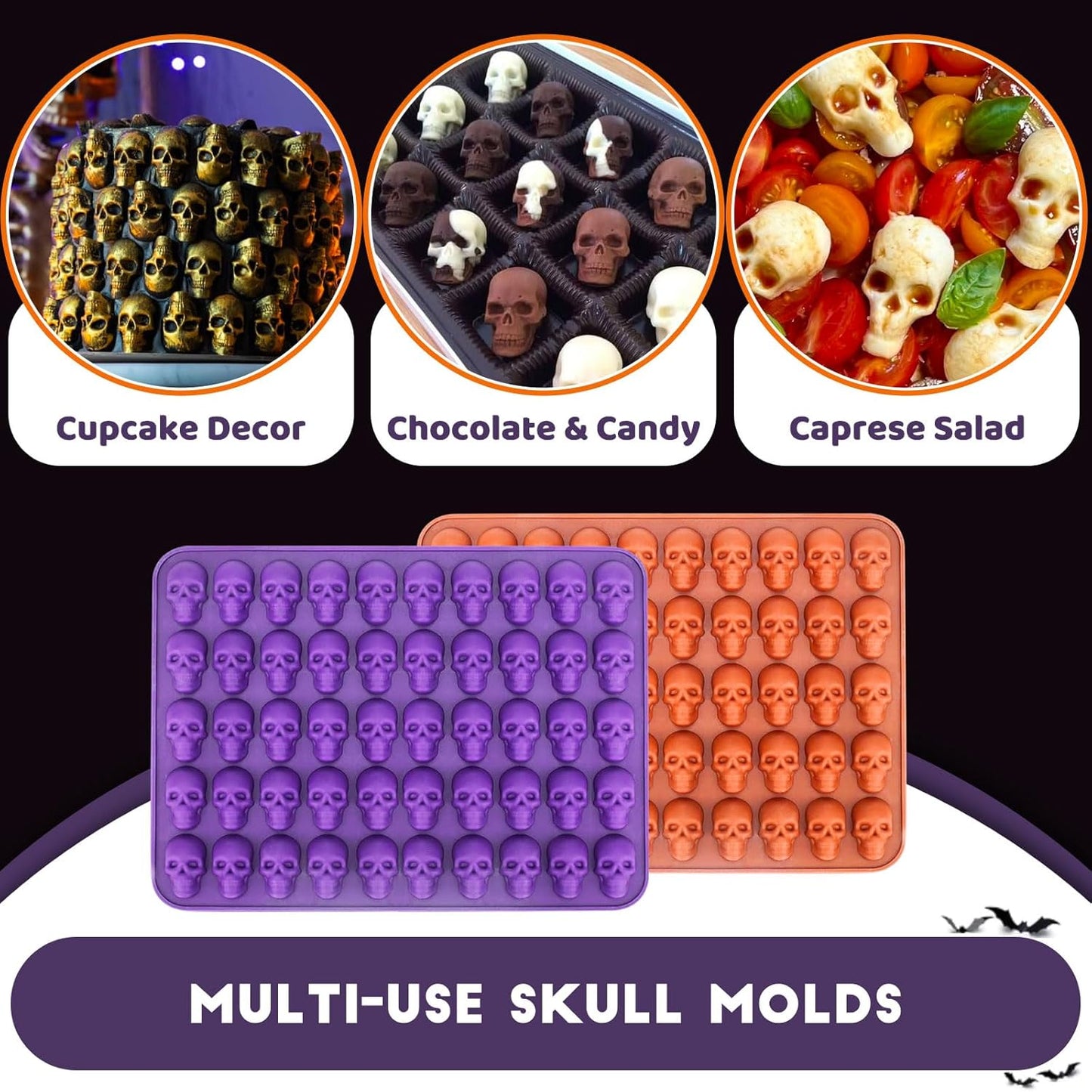 Mini Skull Molds Silicone Halloween for Candy Gummy Chocolate, 200 Cavity 4 pcs Small Head Shapes Freezing Tray Party Wax Melts DIY Moulds BPA Free Treat or Trick Kids Oven Safe