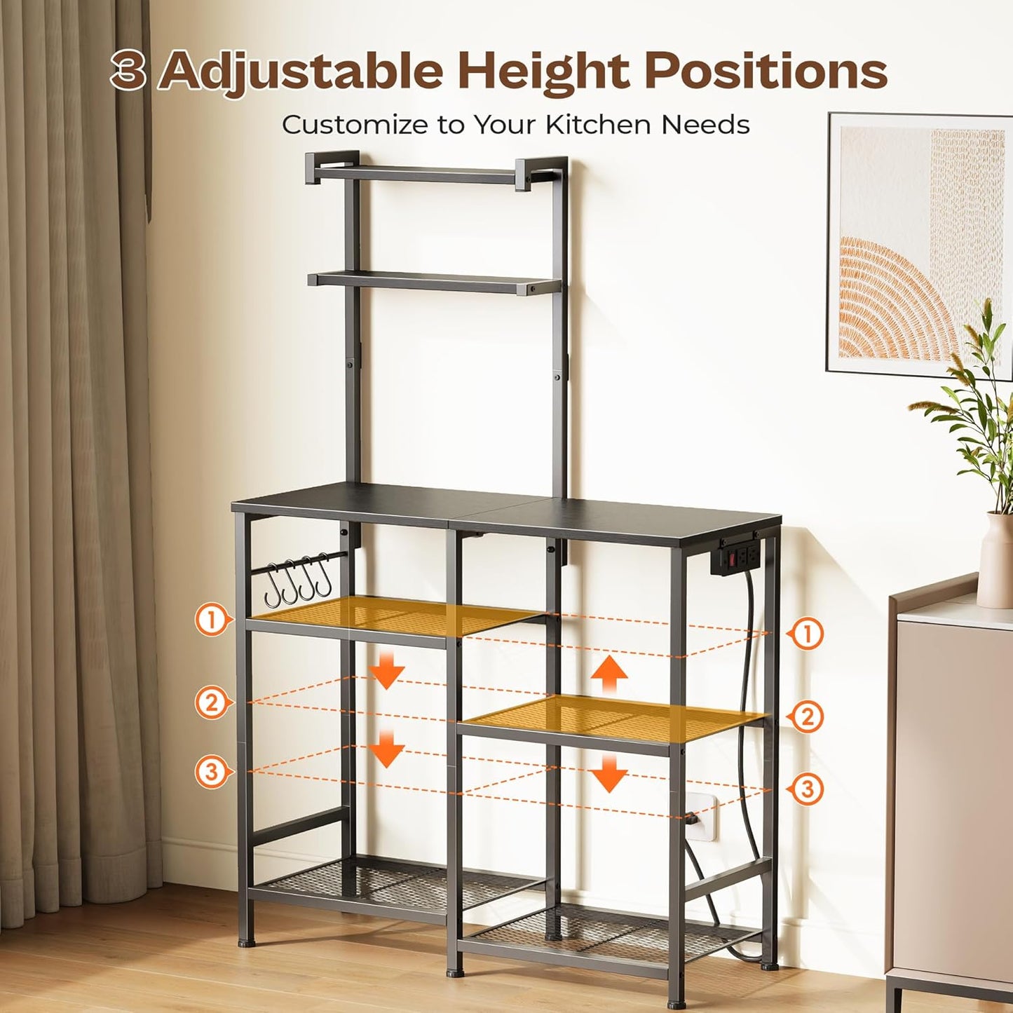 Huuger 31.5 Inch Bakers Rack with Power Outlets, Kitchen Microwave Stand with Storage, Coffee Bar with 4 Hooks, 3-Level Height Open Shelves, Black