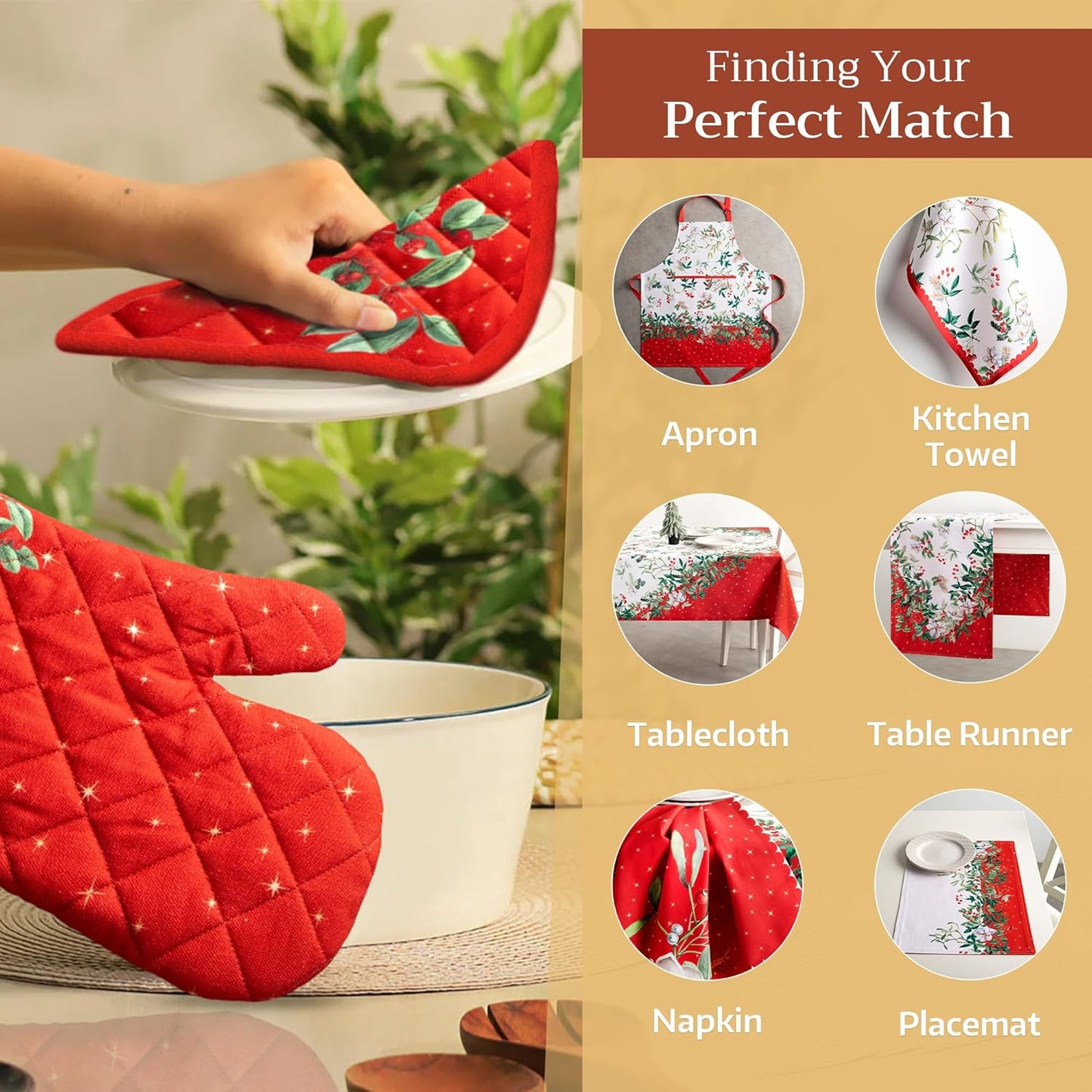 Maison d' Hermine Oven Gloves 100% Cotton Oven Mitt 7" x 13" with Loop Heat Resistant, BBQ, Cooking Gloves, Baking, Grilling, Kitchen, Handling Hot Pans (Pack of 1, Noel)