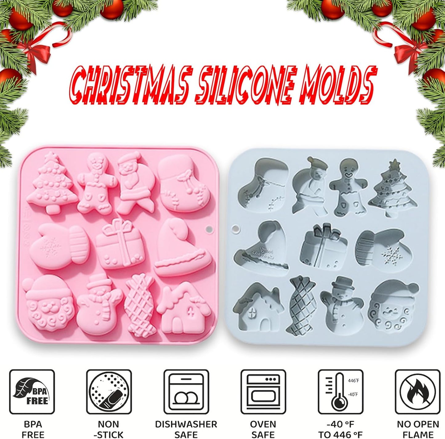 2 Pcs Christmas Chocolate Silicone Molds, 11 Cavity 11 Shapes Christmas Baking Molds for Cake Chocolate Candy Cupcakes Pudding Muffins Ice Cube Soap Ice Cube Jelly Making