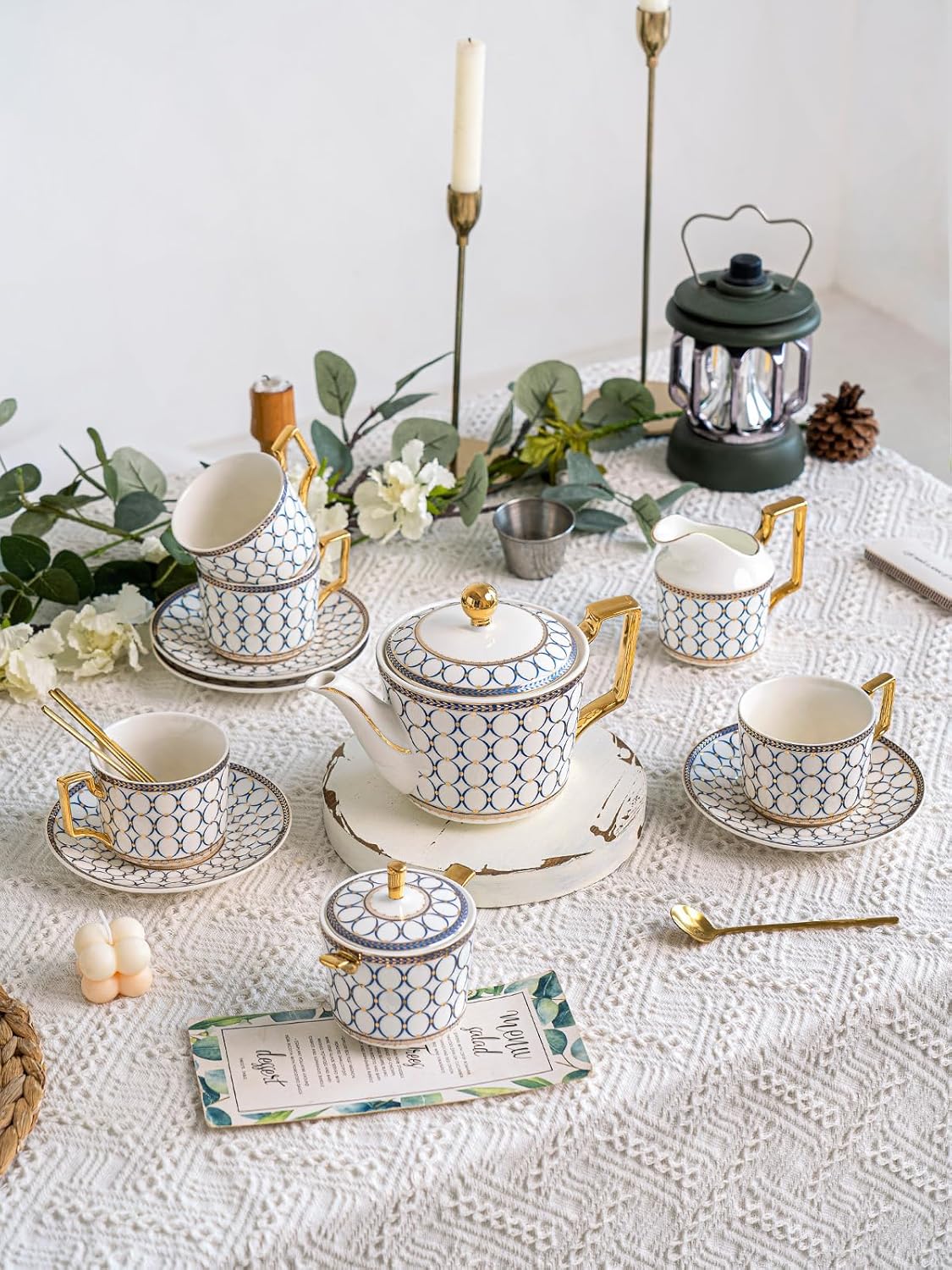 CwlwGO-European Style Ceramic Coffe Cup and Saucer Sets, 7 Oz Bone China Beautifully Glazed Blue Gold Tea Cup Set, Golden Spoon,Cappuccino, Latte, Suitable For Women's Gifts (4 pack)