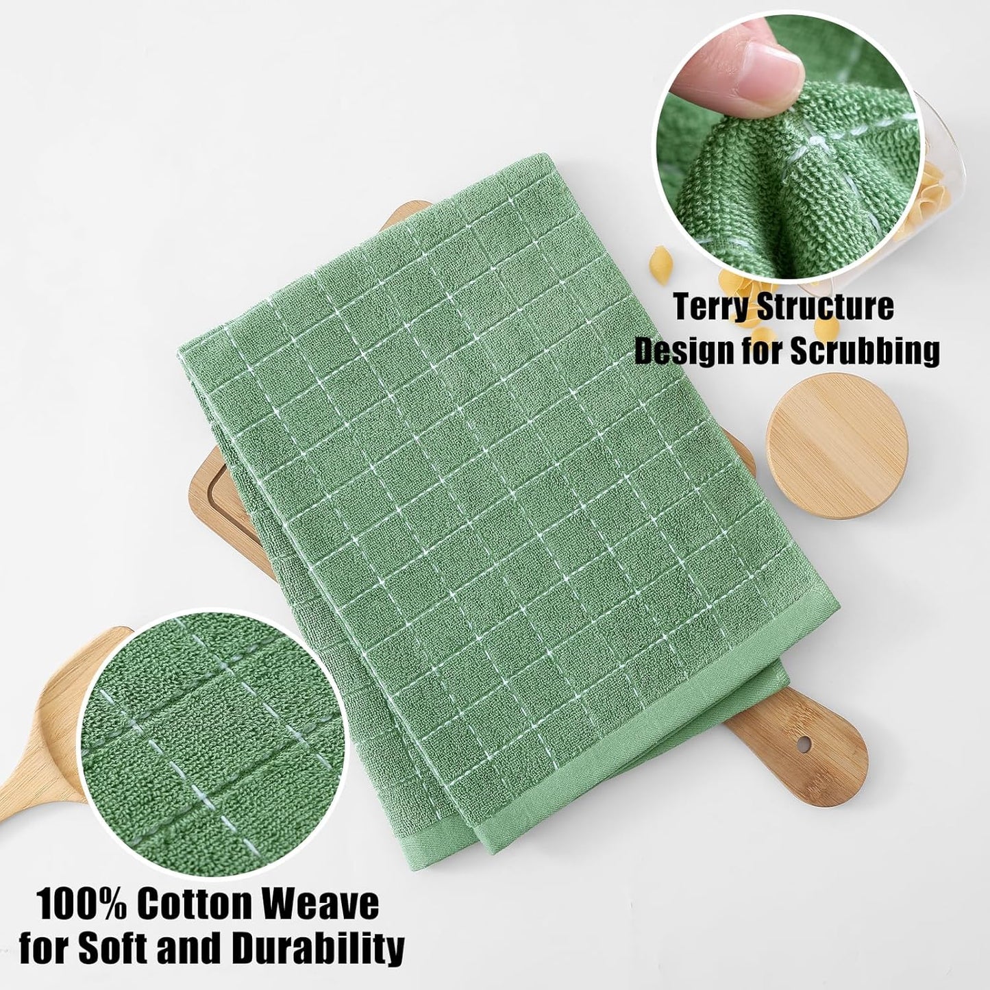 Homaxy 100% Cotton Terry Kitchen Towels(Grass Green, 20 x 28 inches), Checkered Designed, Soft and Super Absorbent Dish Towels, Large 4 Pack