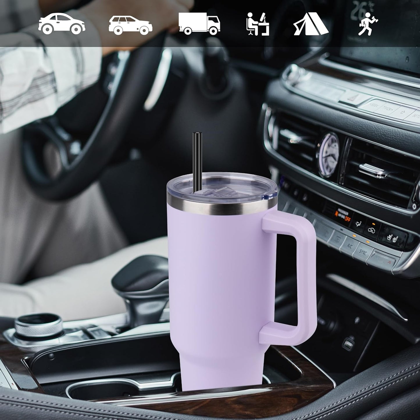 DOMICARE 40 oz Tumbler with Handle and Straw, Stainless Steel Tumbler with Lid and Straw, Reusable Vacuum Insulated Cup, Travel Coffee Mug, Lavender, 1Pack