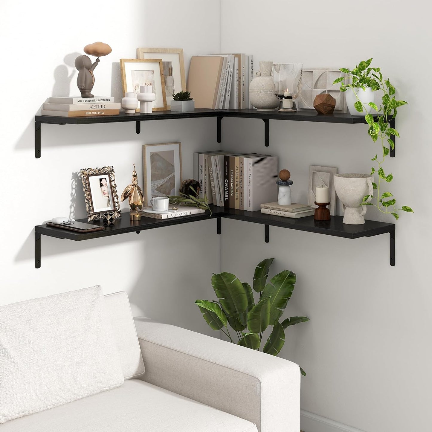 Fun Memories Deep Floating Shelves, 36W x 8D Floating Shelves Set of 2, Wall Mounted Shelf with Metal Brackets, Rustic Wood Wall Shelf for Bathroom, Kitchen and Living Room, Black