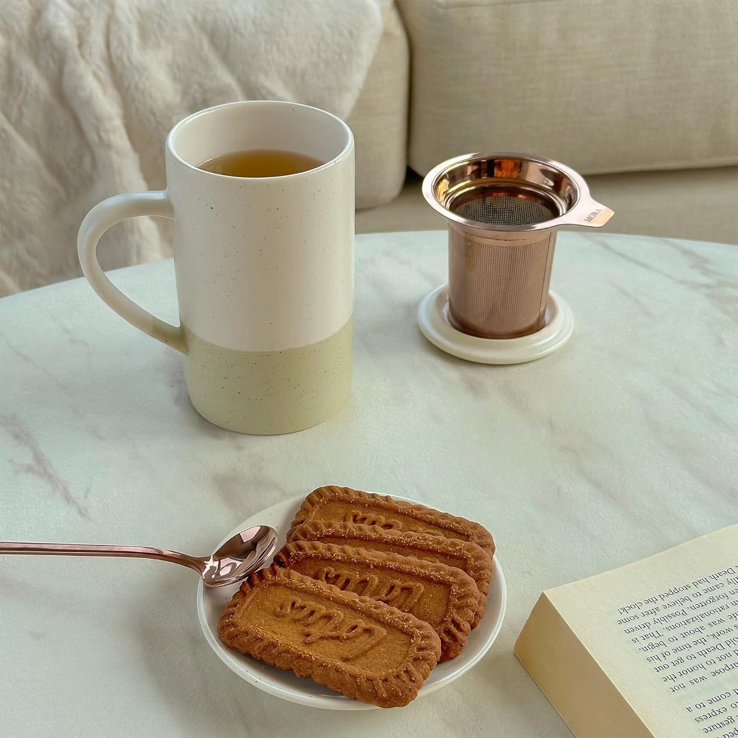 Mora Ceramics Tea Cup with Loose Leaf Infuser, Spoon and Lid, 12 oz, Microwave and Dishwasher Safe Coffee Mug - Rustic Matte Ceramic Glaze, Modern Herbal Tea Strainer - Great Gift for Women, Limestone