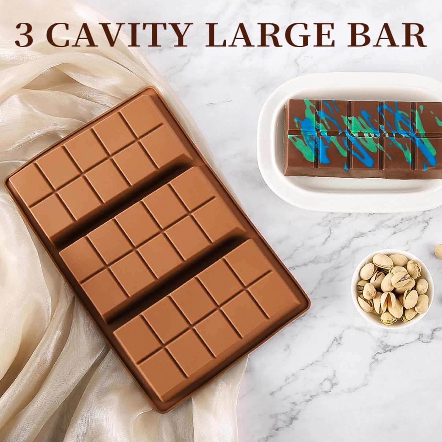 1 Inch Deep Chocolate Bar Mold, 3 Cavity Large Dubai Chocolate Molds, Thick Candy Bar Mould for Filling(3 Packs)