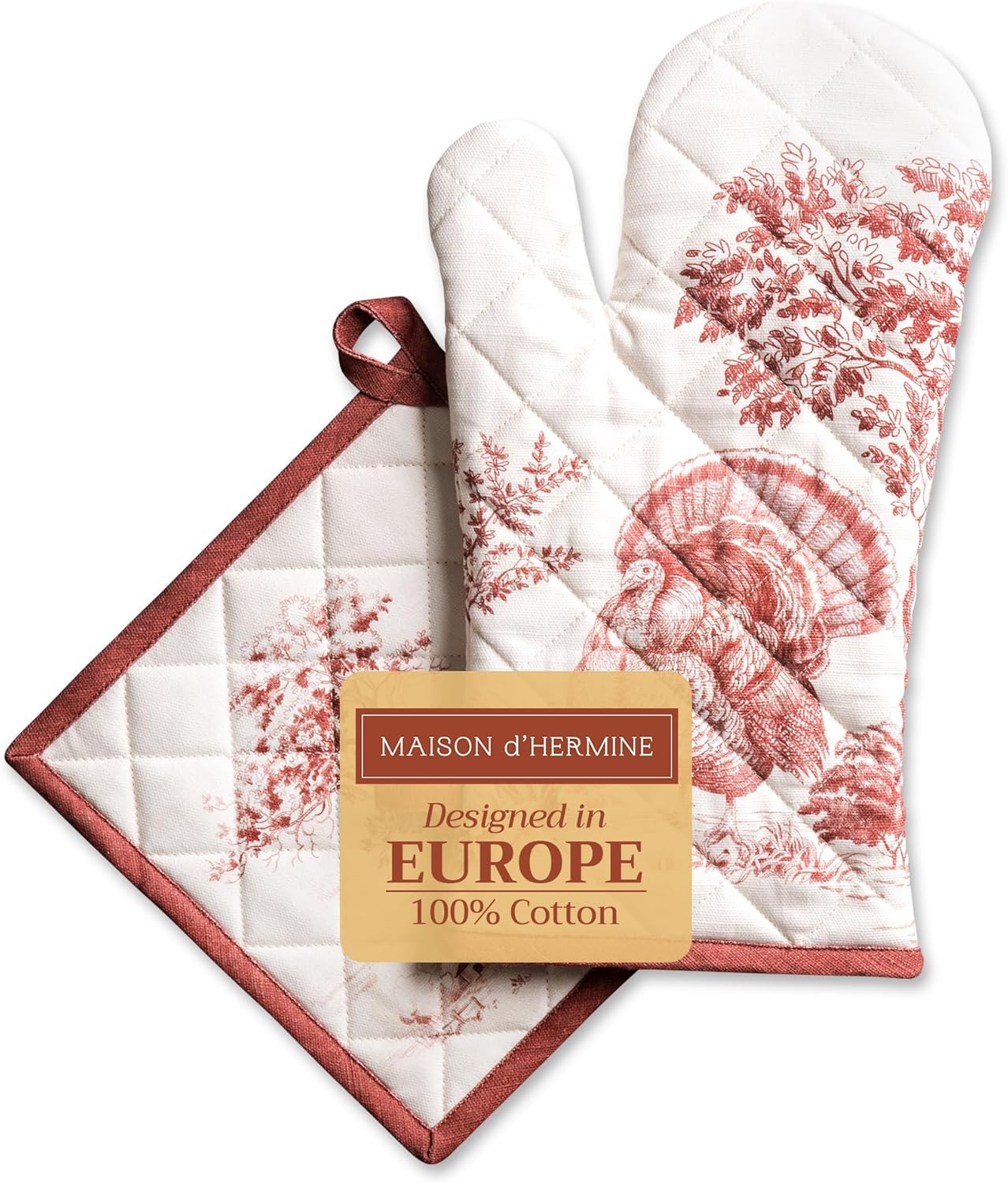 Maison d' Hermine 100% Cotton Oven Mitt & Pot Holder Set (7.5"x13" & 8"x8") Heat Resistant BBQ Cooking Gloves with Loop, Baking, Grilling, Kitchen, Handling Hot Pans (Holy Jouy - Red)