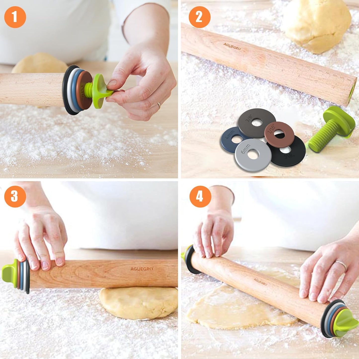 Rolling Pin with Adjustable Thickness Ring and Silicone Baking Mat for Baking, Fondant,Pizza,Pie,Cookies,Pastries,13.6"Wooden Rolling Pin Dough Roller with 4 Multi-Color Thickness Rings