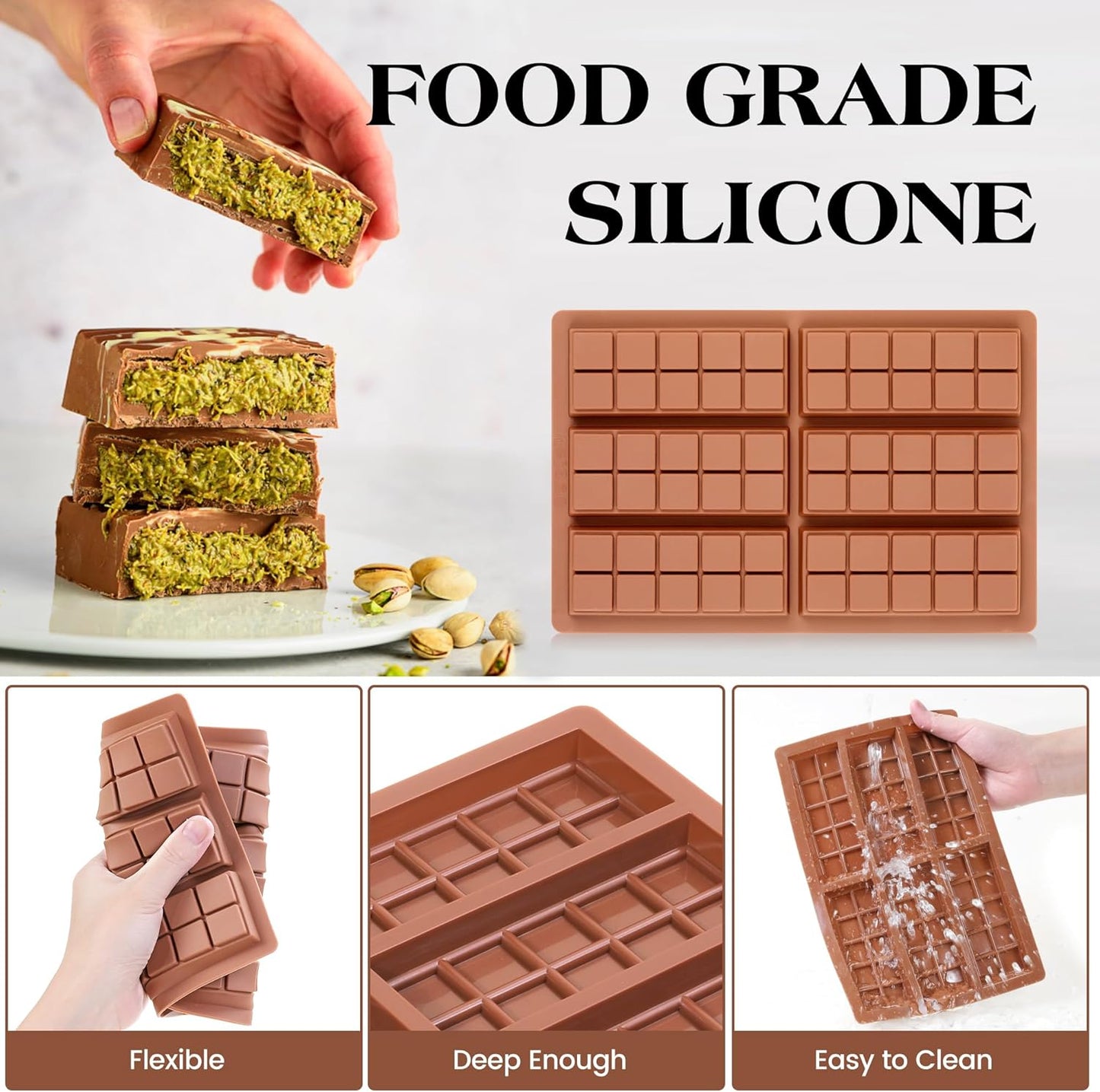 1 Pc Chocolate Bar Mold Deep Dubai Stuffed Silicone Molds for Filling Knafeh Pistachio Chocolate Bar and Wax Melts Rectangle Thick Candy Bar Molds Break Apart (10 Snap)