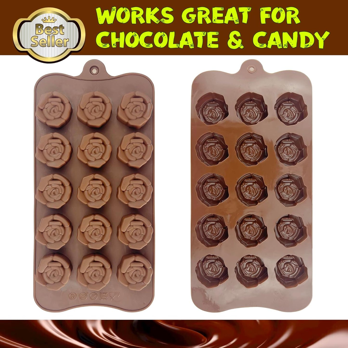 Rose Flower Shaped Silicone Chocolate Molds,BPA Free & Non-stick Silicone Tray for Hard Candy Caramels Jello Gummy Truffles Ice Cubes Soap - 4 Pack