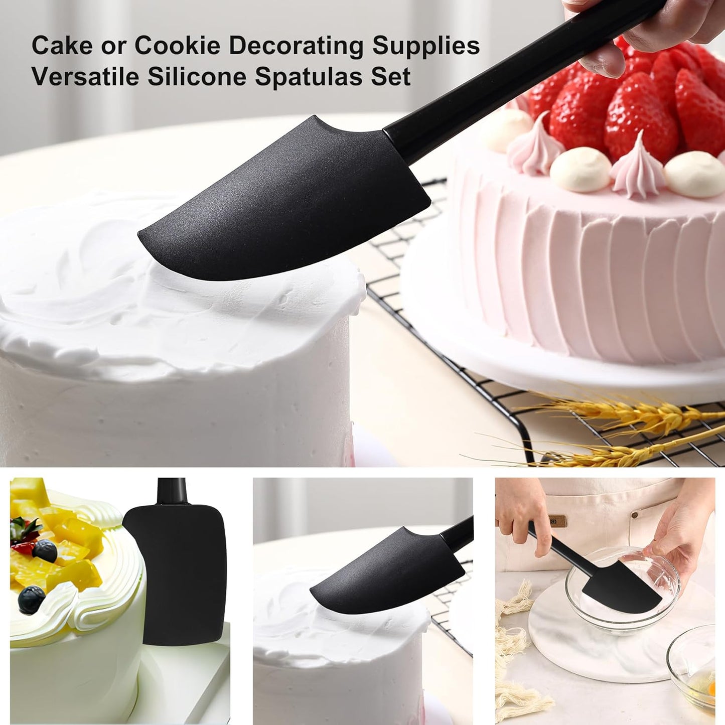 Premium Silicone Spatula Set, JXWING Flexible Heat Resistant Non-slip Handle Baking Cooking Rubber Spatulas, Black