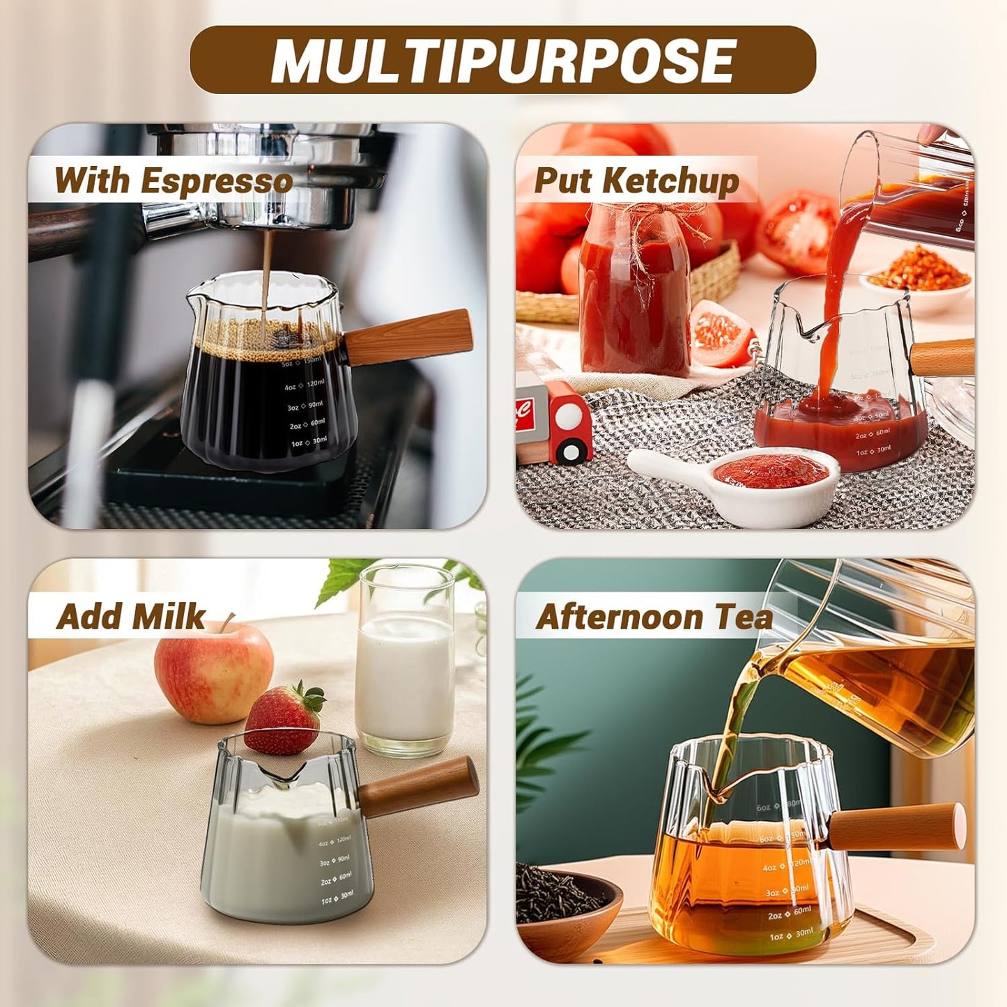 Espresso Measuring Cup 6 Oz, Espresso Glass Cups with Wood Handle, Milk Frothing Cup, Espresso Cup for Coffee, Milk, Tea or Maple Syrup Serving