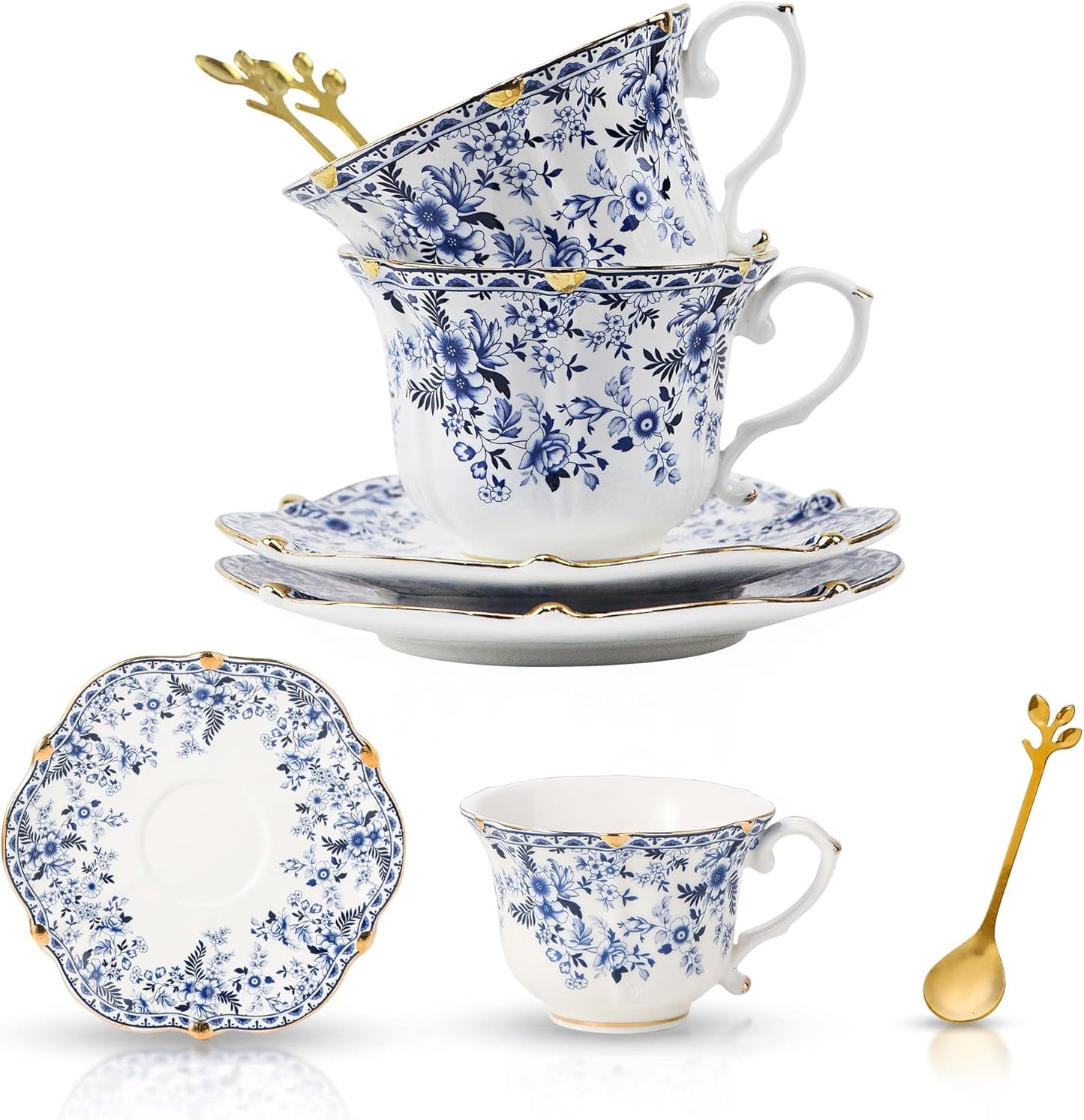 TATSUMI Country Roses Bone China Tea Cup and Saucer Set, 6 Pieces, Vintage Style, For Women and Tea Parties(QH, 2 SETS)