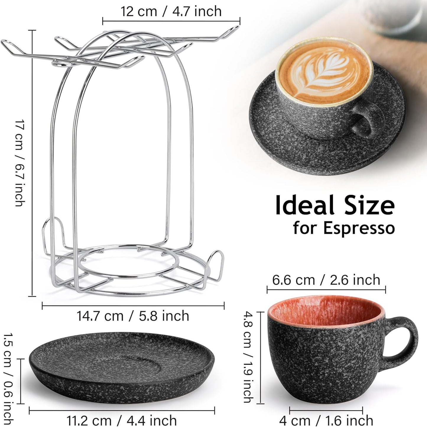 MIAMIO β 2.7 Oz Ceramic Stackable Espresso Cups with Saucers and Metal Stand, Set of 6 Espresso Cup, Demitasse Cups, Coffee Mugs for Espresso, Latte, CafΓ© Mocha & Tea β Las Palmitas Collection