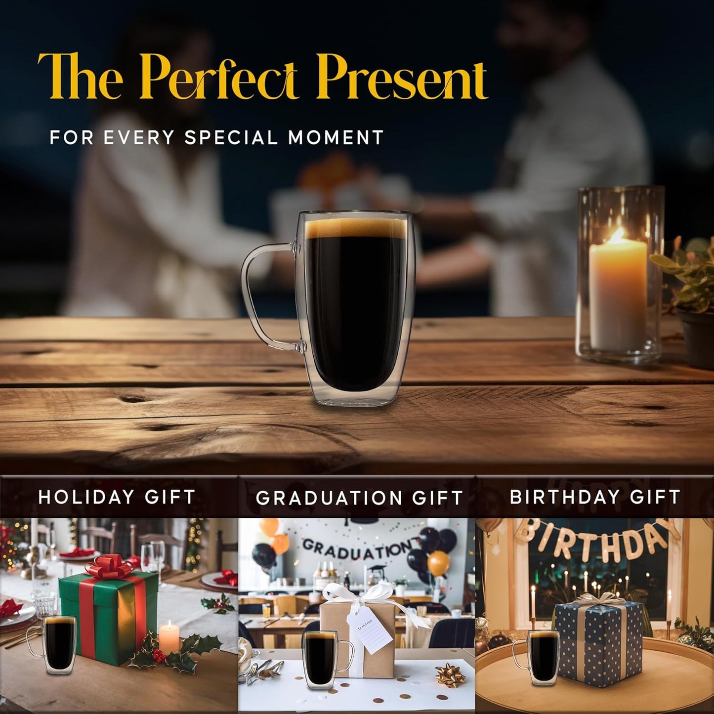 Kitchables Double Walled Glass Coffee Mugs Set of 2, 15oz - Insulated Glass Coffee Mugs for Cappuccino, Latte, Tea, Espresso - Latte Cup - Tazas Para Cafe