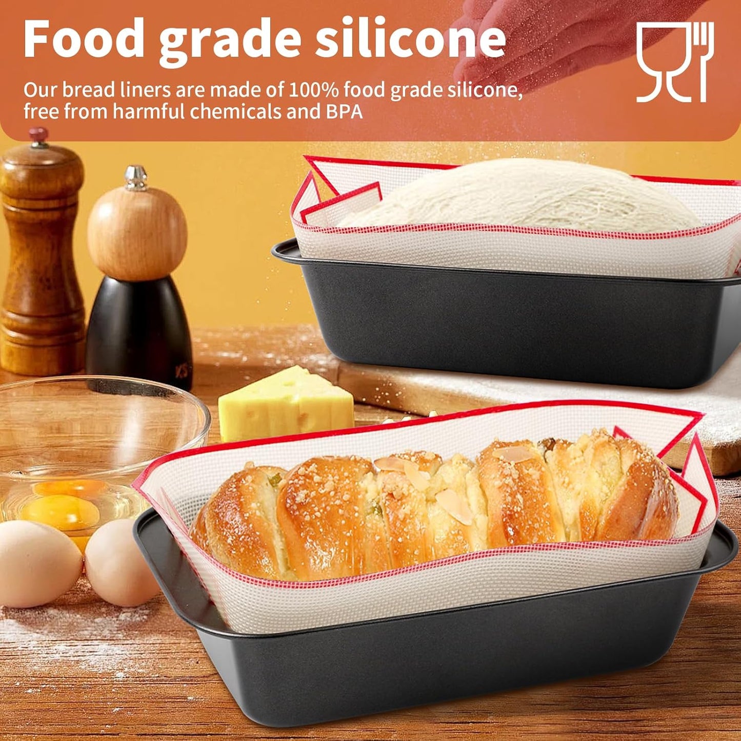 2Pcs Silicone Bread Loaf Pan Liners, Extra Thick Silicone Baking Mat for Dutch Oven, Non-Slip & Easy Clean Reusable Sourdough Bread Baking Supplie - For Bread, Cookies, Pastry (red)