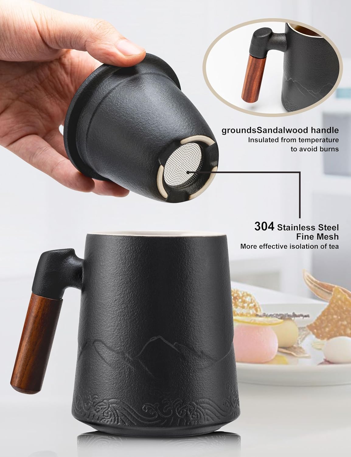 suyika Tea Cup with Infuser and Lid, 15.2 Ounce Wood Handle Ceramic Loose Leaf Mug Gradient Black 450ml