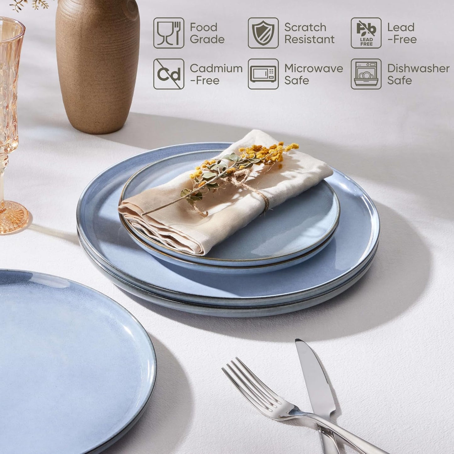 Herogo 6-Piece Stoneware Dinner Plates Set, 10.43" Ceramic Round Plate Set, Handmade Double Reactive Glaze Dinnerware Plates for Kitchen, Microwave, Oven and Dishwasher Safe, Haze Blue