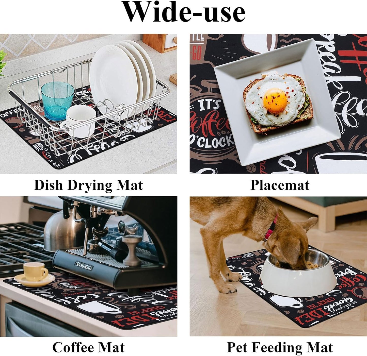 SHACOS Coffee Bar Mats 2-pack, 12x19 Inch Absorbent Non-Slip Rubber, Waterproof & Heat Resistant, Black