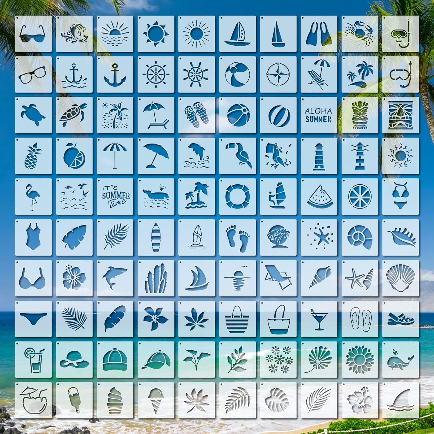 100 Pcs Stencils for Painting on Wood Reusable Stencil Crafts Drawing Templates Holiday Wall Paper for DIY Scrapbook Home 2 x 2 Inch(Hawaiian Style)