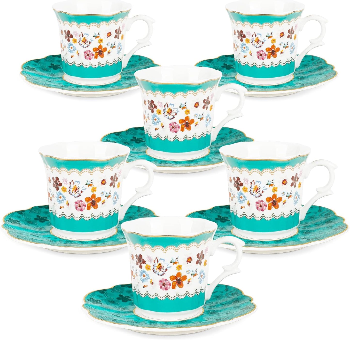 fanquare 2.5 Ounce Vintage Espresso Cups Set of 6, 12 Pieces Ceramic Demitasse Cup and Saucers, Green and Flower Pattern Espresso Mugs for Coffee Bar Home