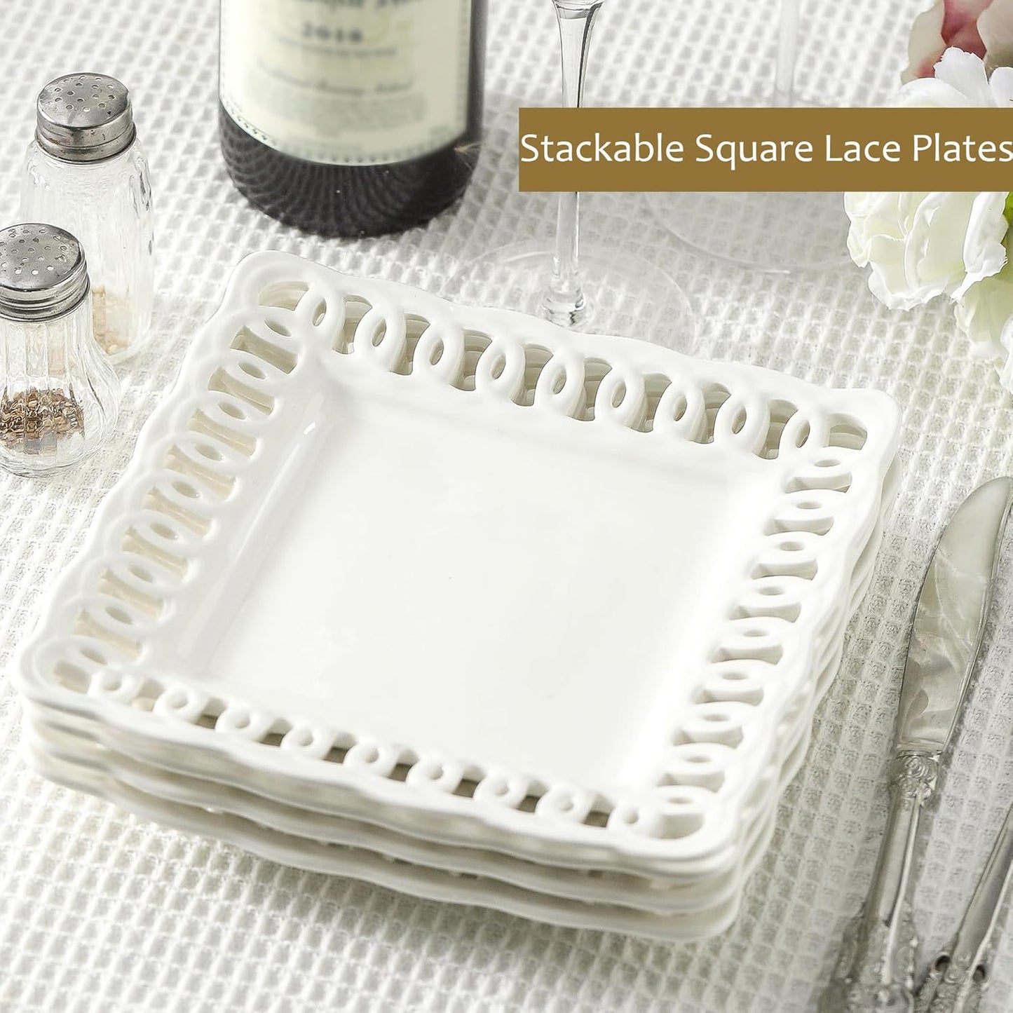 Ceramic Square Dinner Plates, 11 inch Square Serving Plate Set of 4 for Steak Pasta Salad Snacks Pizza Appetizer, New Bone Porcelain Plates with Lace Rim, Party Wedding Birthday Christmas Gift, White