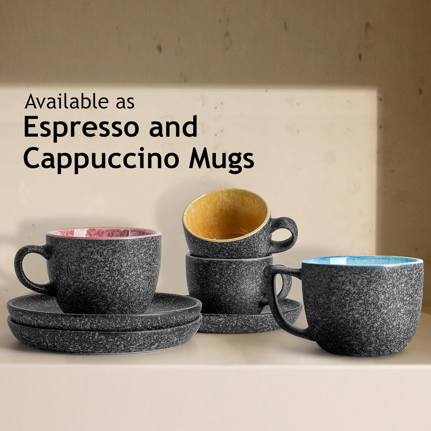 MIAMIO β 2.7 Oz Ceramic Stackable Espresso Cups with Saucers and Metal Stand, Set of 6 Espresso Cup, Demitasse Cups, Coffee Mugs for Espresso, Latte, CafΓ© Mocha & Tea β Las Palmitas Collection