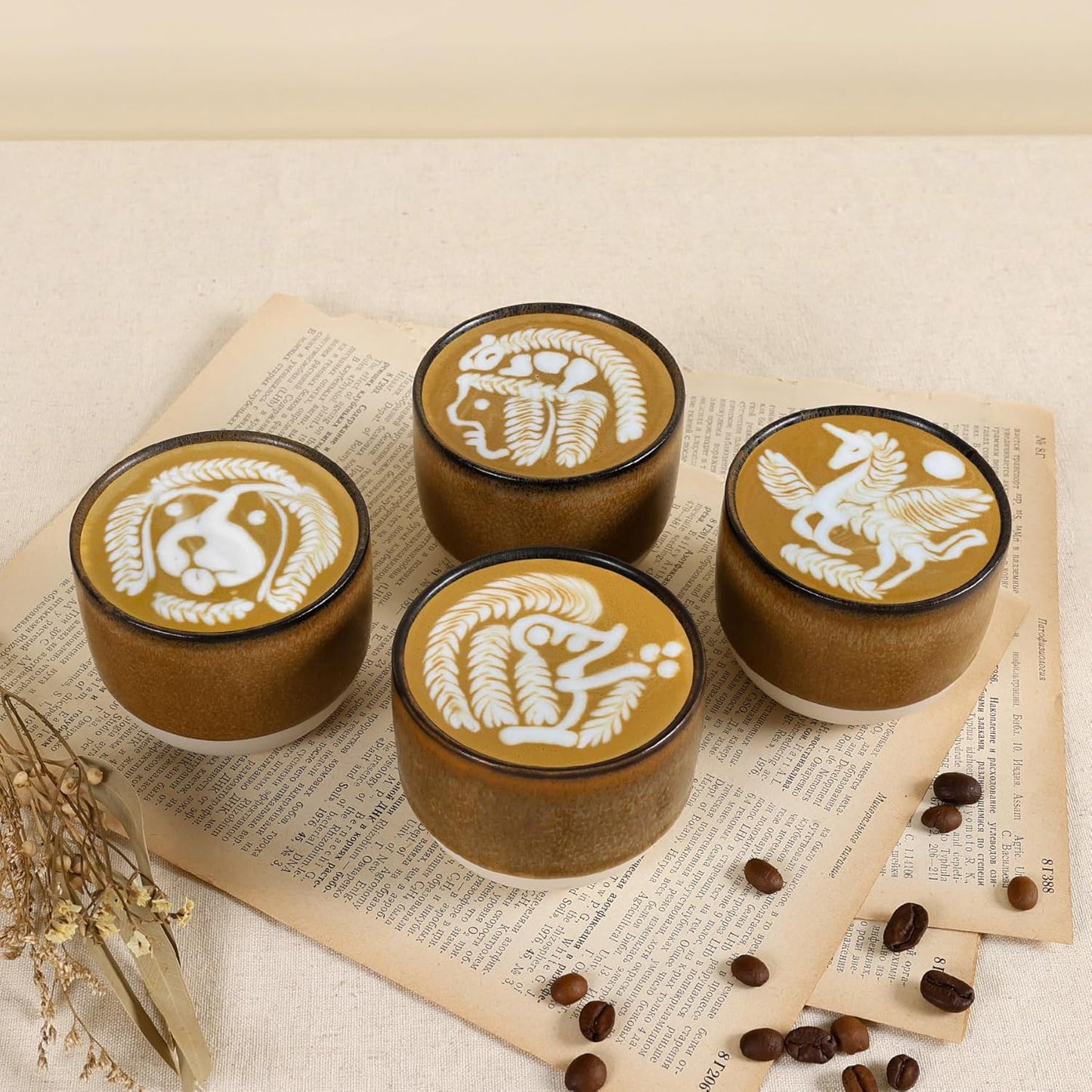 Ceramic Espresso Cups Set of 4, Double Walled Espresso Coffee Mugs for Nespresso Cups, Special glazed Demitasse Cups Expresso Coffee Cup for Espresso Machine (Brown)