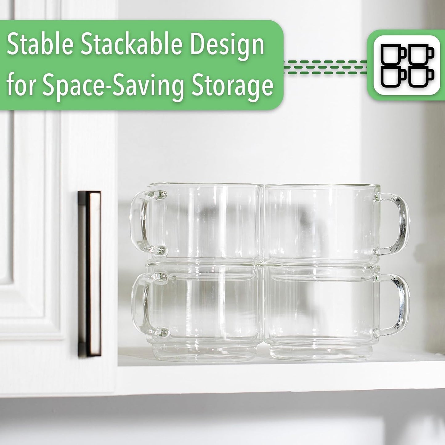 BTaT- Stackable Insulated Coffee Mug, Coffee Glass, Large, Set of 4 (16oz, 500ml), Double Wall Glass Coffee Cups, Tea Cups, Latte Cups, Glass Coffee Mug, Latte Mug, Clear Mug