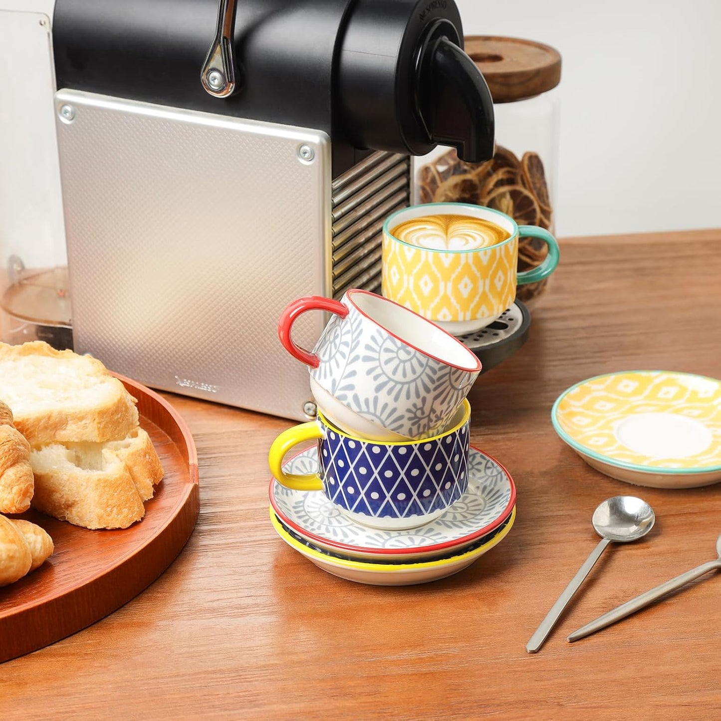 Selamica Ceramic Espresso Cups with Saucers and Metal Stand, 4 OZ Stackable Demitasse Cups for Latte Coffee Café Mocha Tea, Set of 4, Assorted Colors