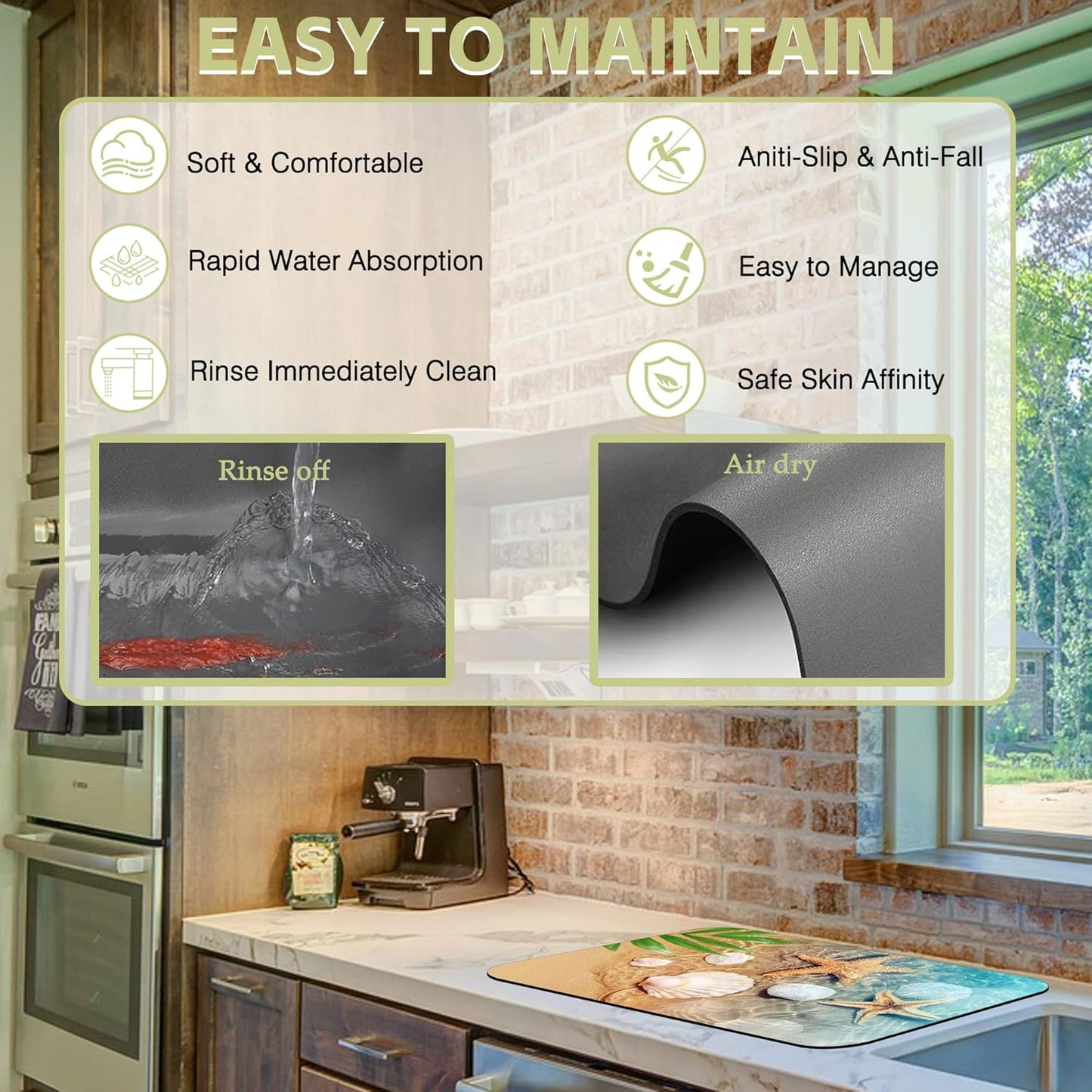 Dish Drying Mat Summer Beach Starfish Seashell Kitchen Mat 16"x24" Bsorbent Coffee Maker Mat for Dishes,Utensils Coffee Maker Pots and Pans Easy Clean Dish Slip Resistant Pad