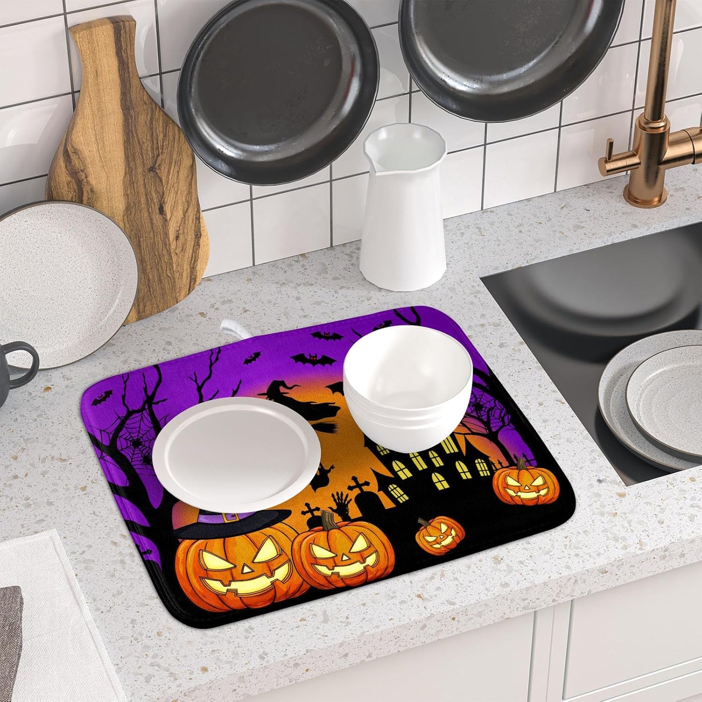 Happy Halloween Pumpkin Dish Drying Mat for Kitchen Counter,Witch Ghost Castle Bat Purple Drying Mat 16 x 18 Inch with High Absorbent Microfiber Drainer Mat for Coffee Bar