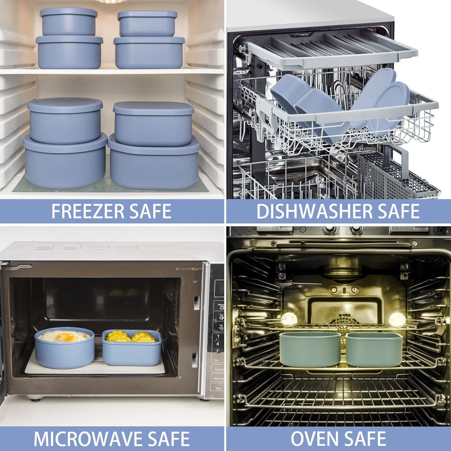 100% Silicone Food Storage Containers with Lids, 8 Pack, 10oz to 51oz, Reusable Leakproof Nesting & Stackable Silicone Bento Lunch Box, Microwave Freezer Dishwasher Oven Safe, BPA Free, Slate Blue