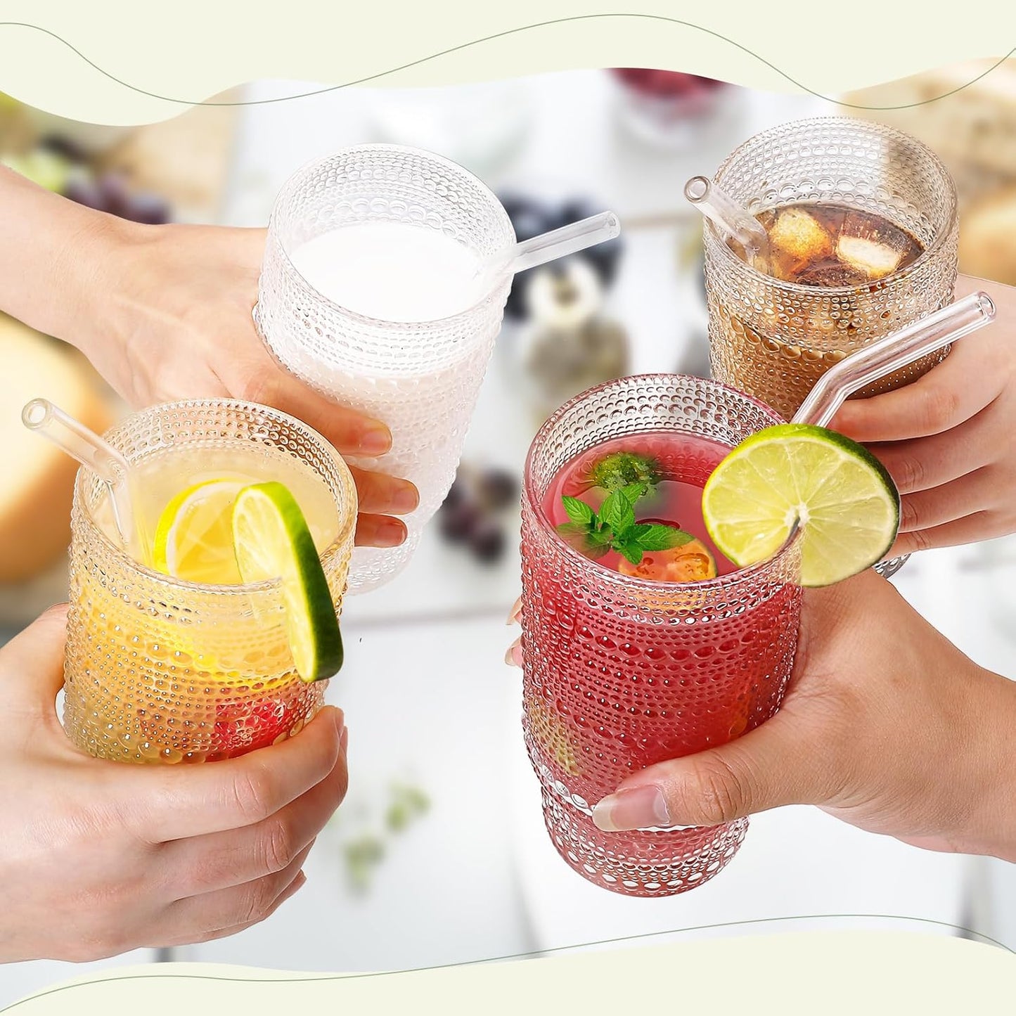 16 Oz Glass Cup with Lid and Straw, Vintage Embossed Glassware for Whiskey Cocktail Beer, Iced Coffee Cup with Lid, Glass Tumbler (1 PACK)