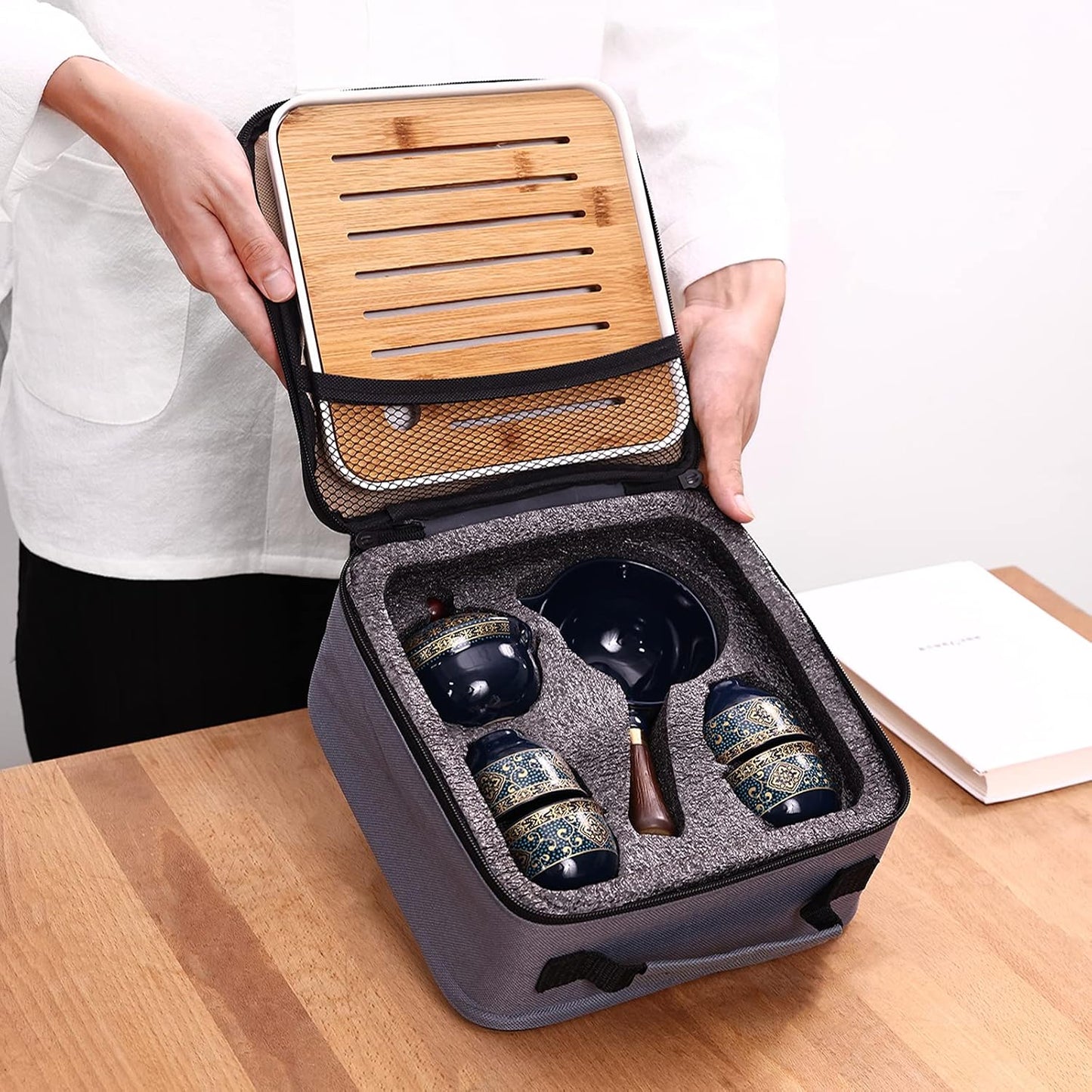 LURRIER Porcelain Chinese Gongfu Tea Set,Portable Teapot Set with 360 Rotation Tea maker and Infuser,Portable All in One Gift Bag for Travel,Home,Gifting,Outdoor and Office (Panda)