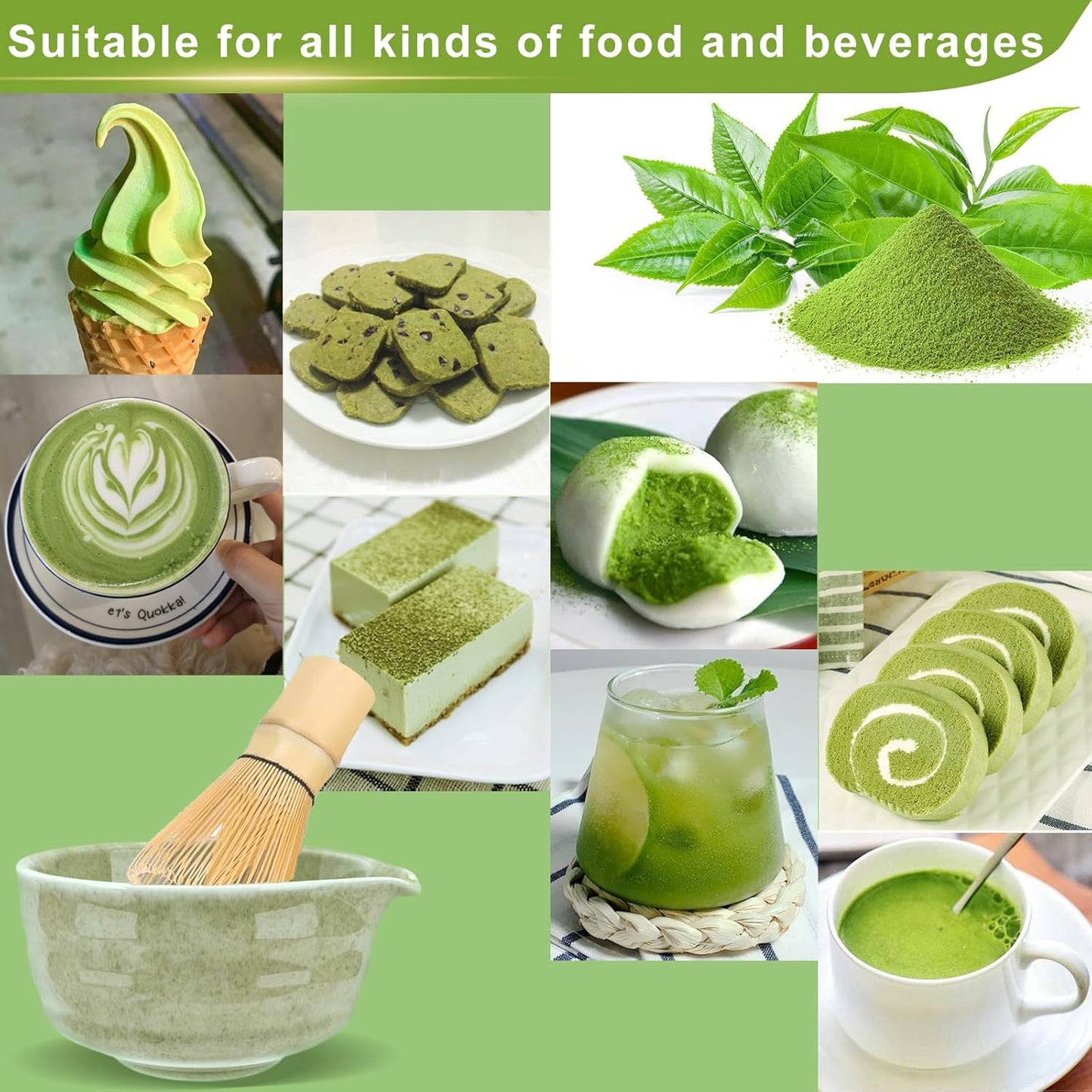 HengLiSam 7 Pcs Matcha Whisk Set, Matcha Set with Ceramic Bowl, Whisk, Whisk Holder, Bamboo Scoop, Sifter, Spoon and Holder, Matcha Kit for Matcha Lover (Matcha Green)