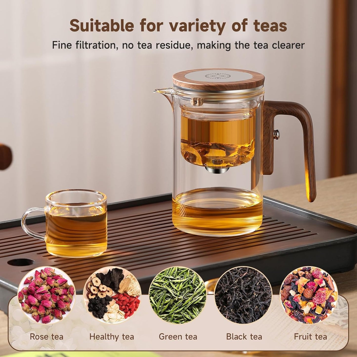 Enchanti Tea Pot, Magic Glass Teapot with Strainer,Magnetic Water Separation with Infuser -600ML/20.3oz
