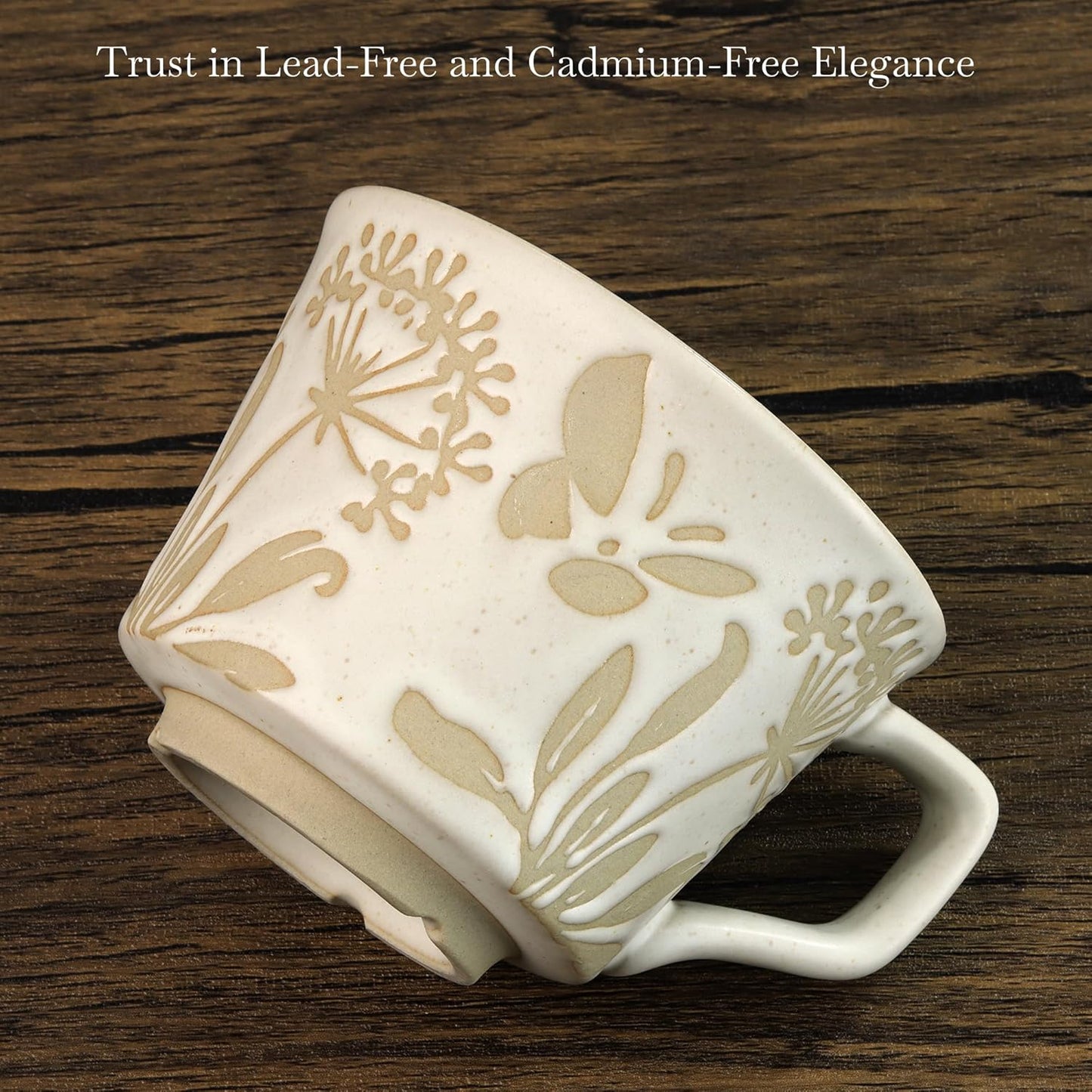 Ceramic Coffee Mug, 12 oz Novelty Unique Teacup with Large Handle, Stoneware Cup for Tea Mocha Latte Cappuccino Espresso (Set of 2, Butterfly and Ivy)